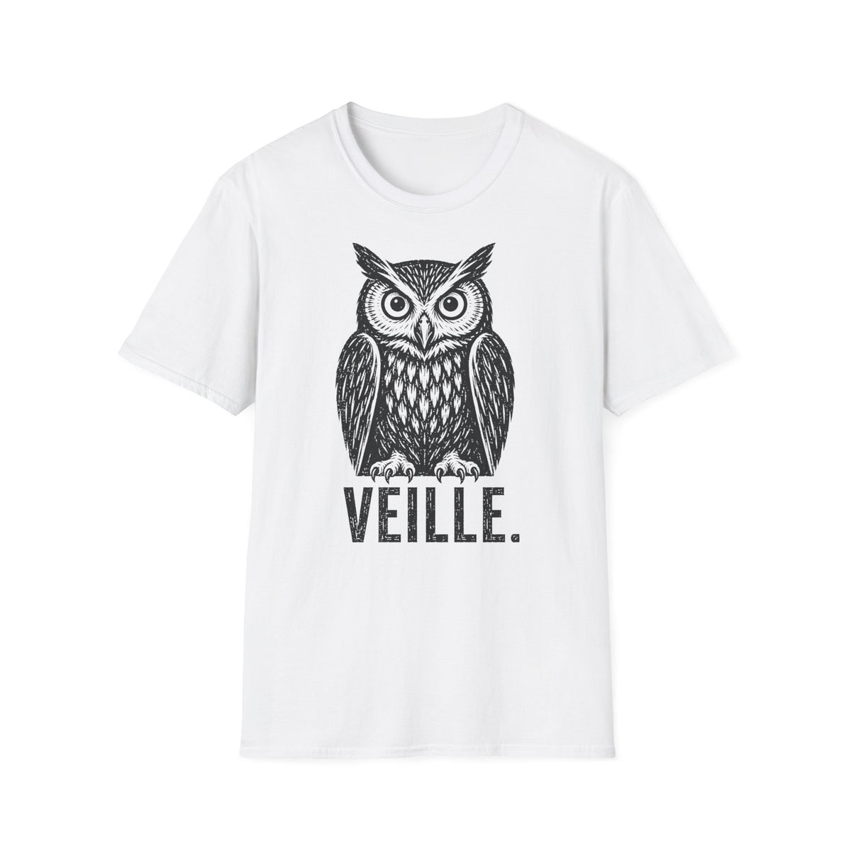 T-shirt illustré avec hibou — « VEILLE. » — T-shirt graphique vintage de veille nocturne