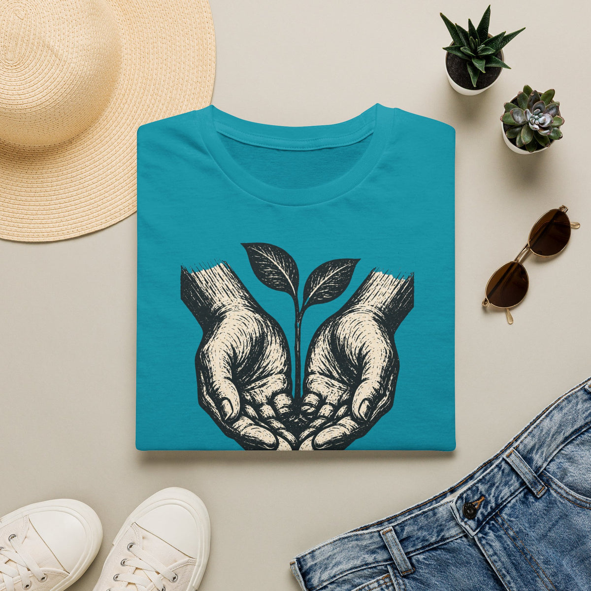 T-shirt — « Entre de bonnes mains » — Illustration graphique de mains tenant une jeune pousse