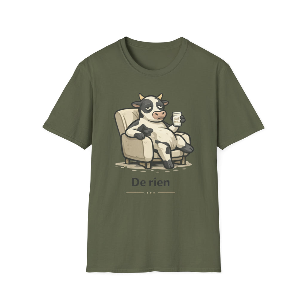 Cow Lounge T-Shirt — Cute Relaxing Cow Illustration with “De rien” Text