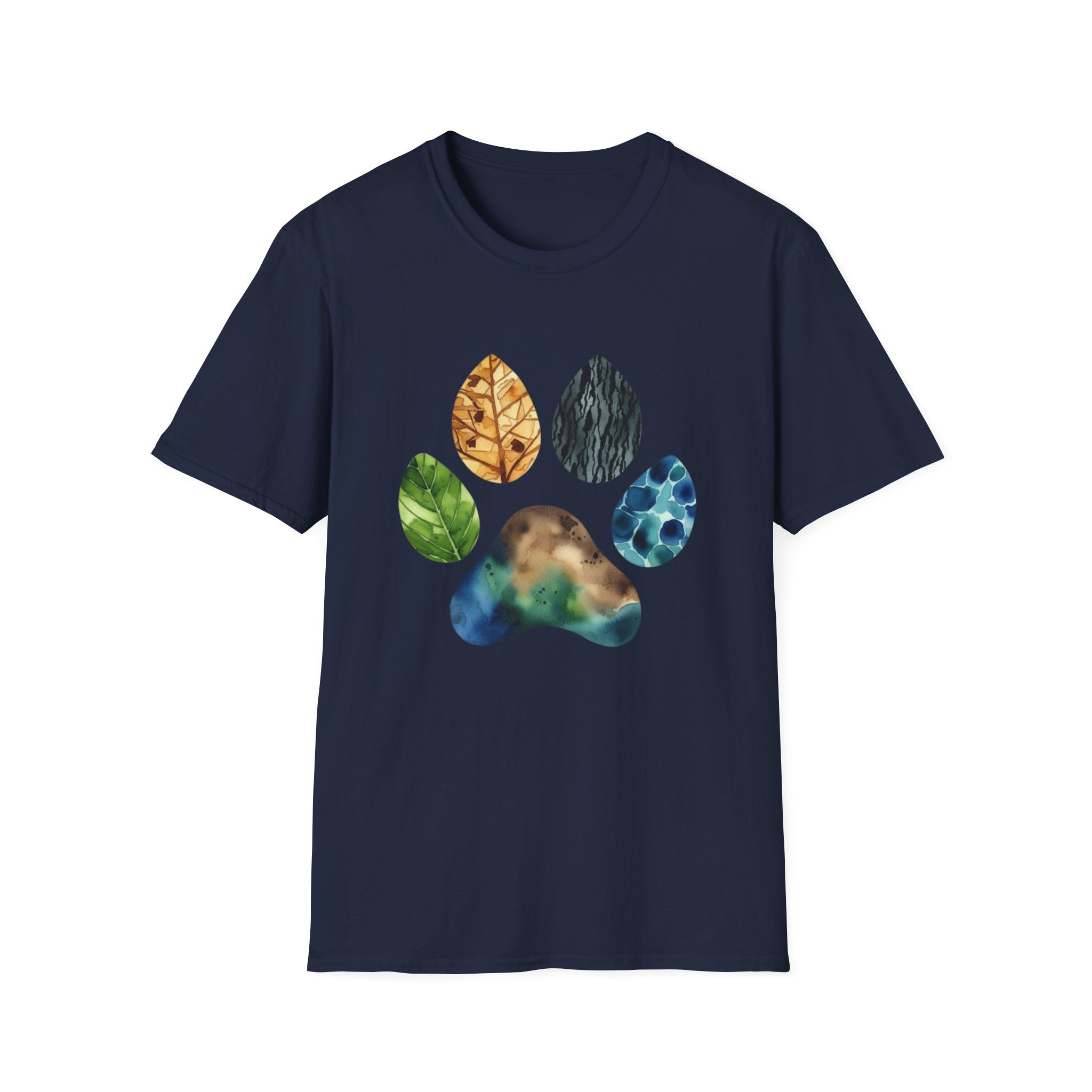 Nature Paw Print T-Shirt — Colorful Leaf & Stone Paw Design