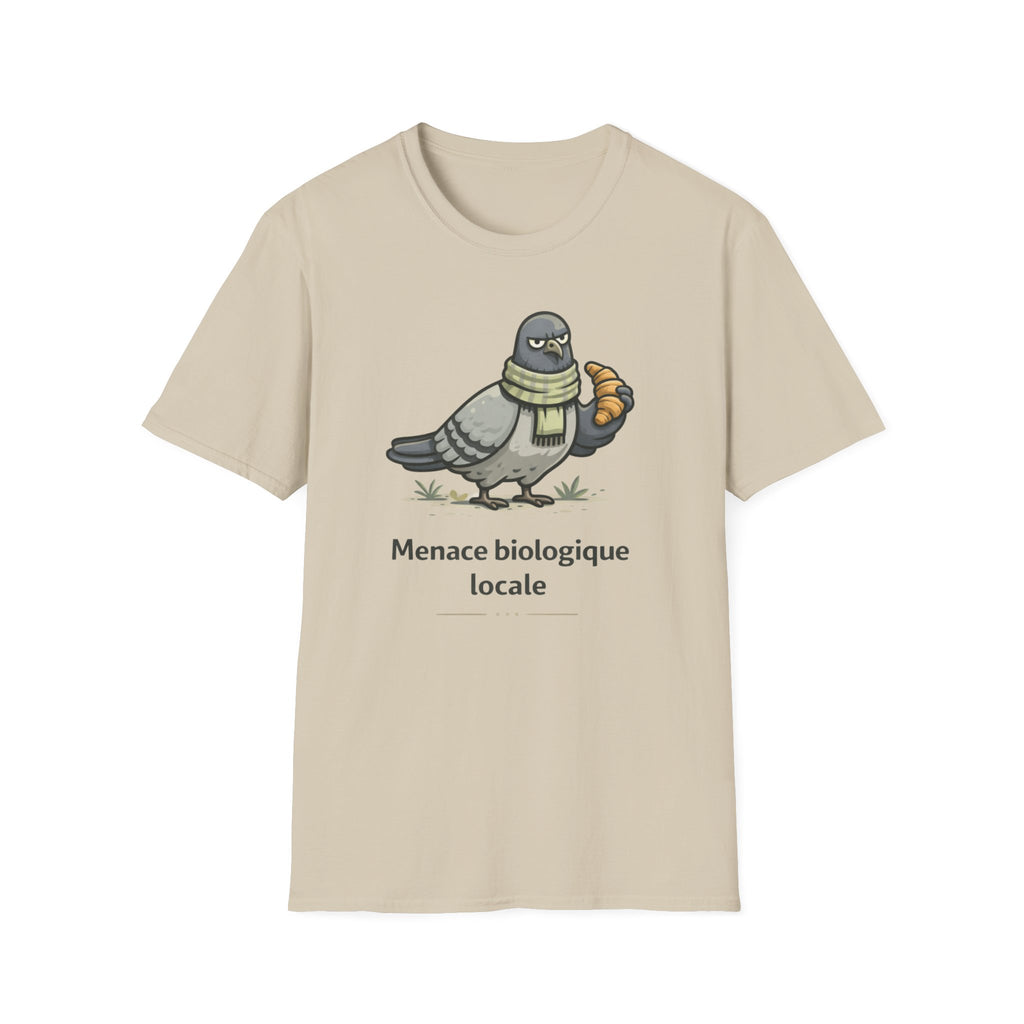 T-Shirt — "Menace biologique locale" Pigeon with Scarf and Croissant Cute Graphic