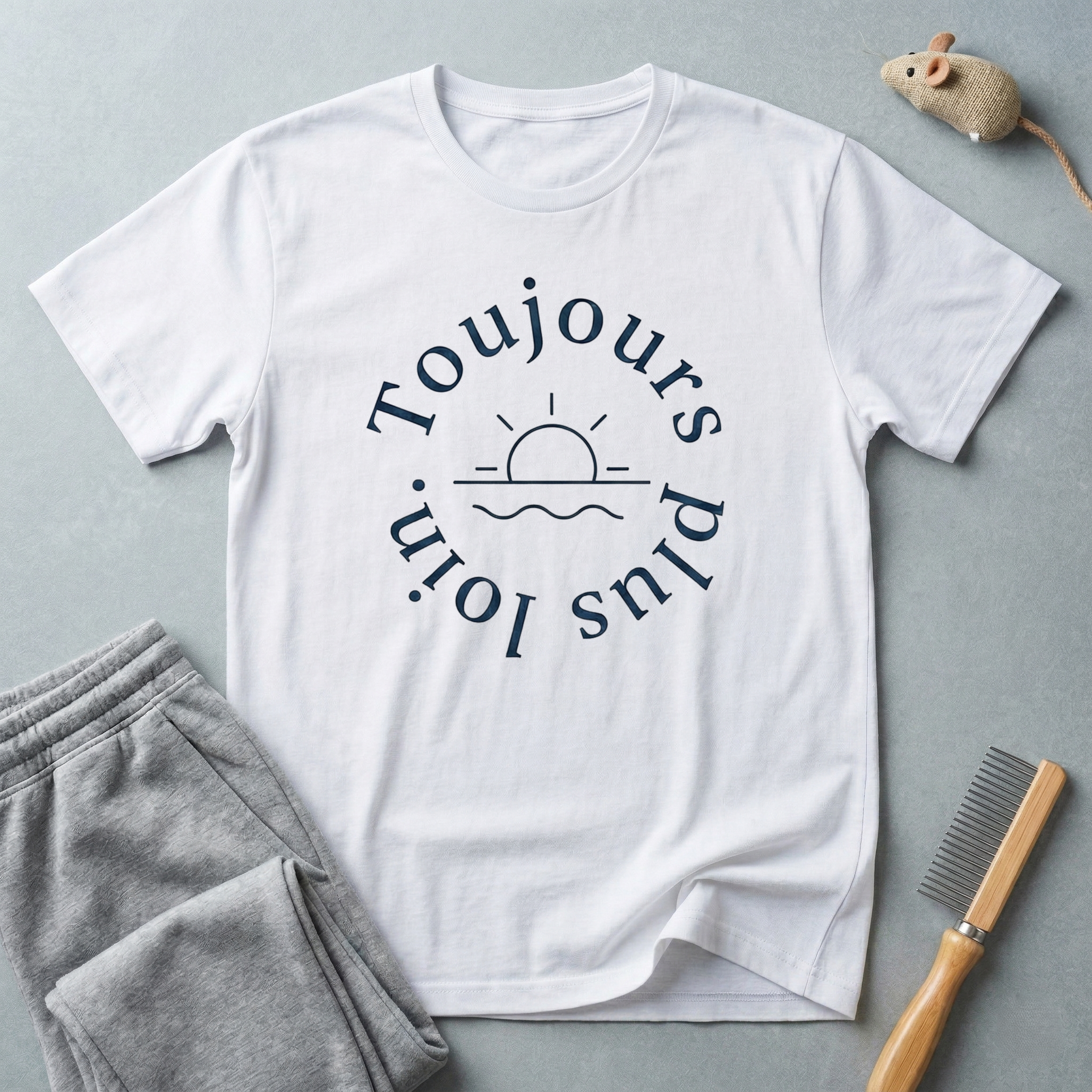 T-shirt «Toujours Plus Loin» — T-shirt graphique minimaliste lever de soleil