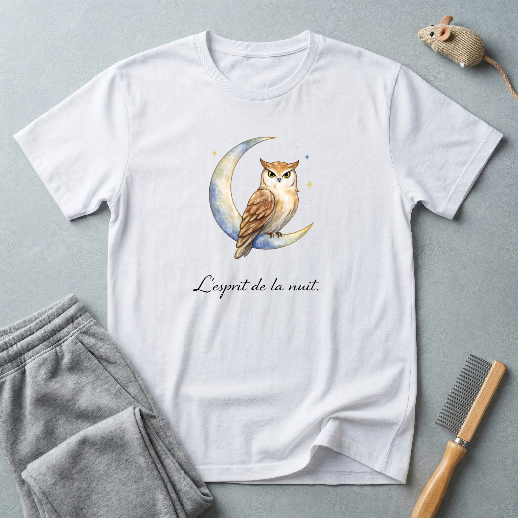 T-shirt Hibou sur croissant de lune aquarelle «L’esprit de la nuit»