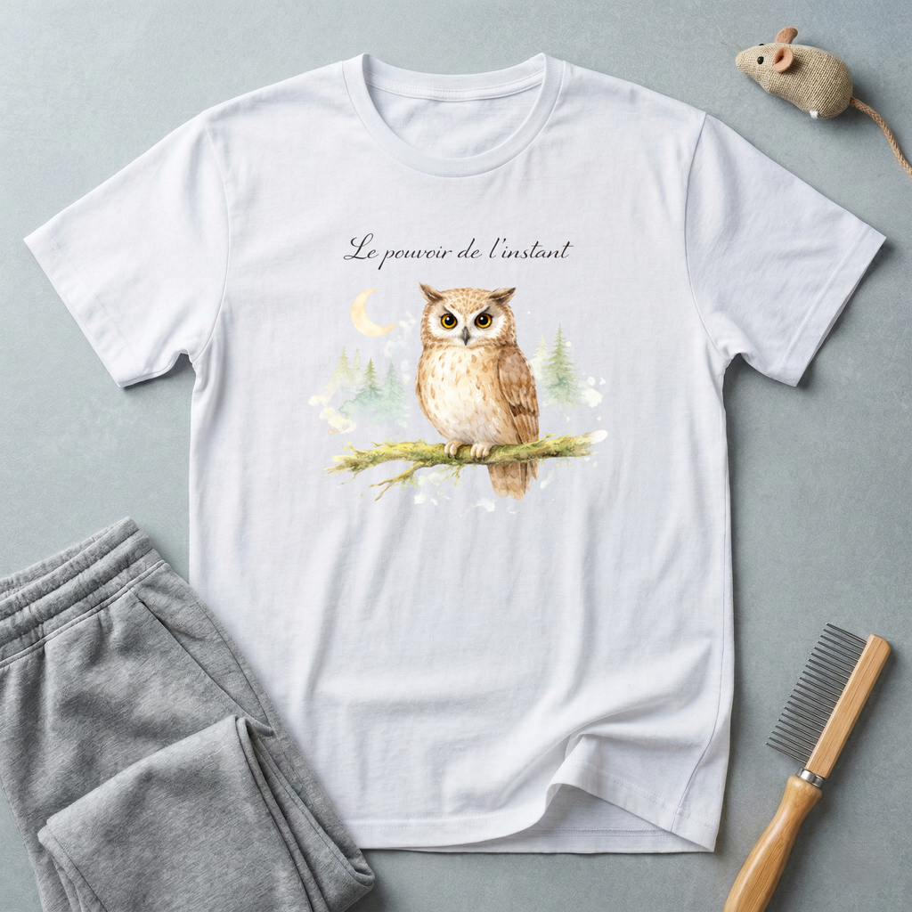 T-shirt hibou aquarelle — T-shirt graphique forêt nocturne «Le pouvoir de la nuit»