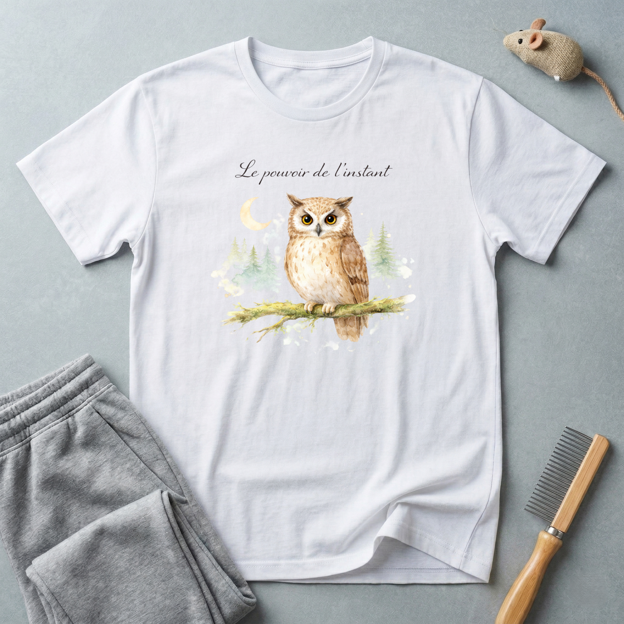 T-shirt hibou aquarelle — T-shirt graphique forêt nocturne «Le pouvoir de la nuit»