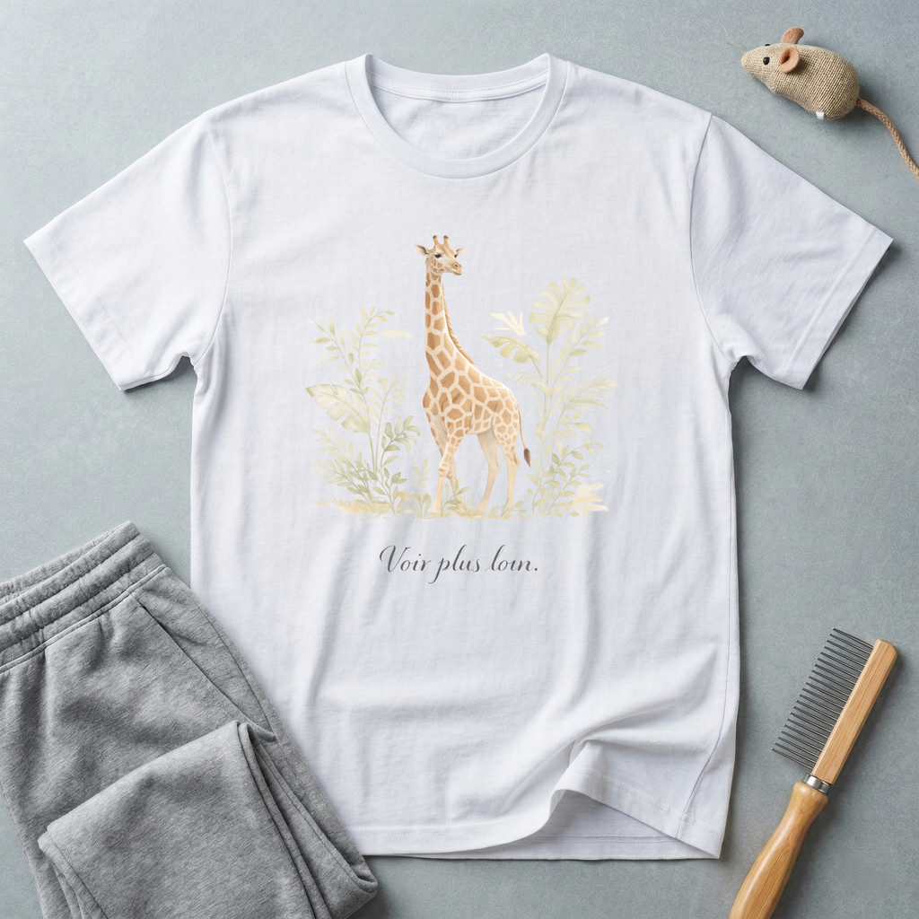 T-shirt girafe botanique — «Voir plus loin.»