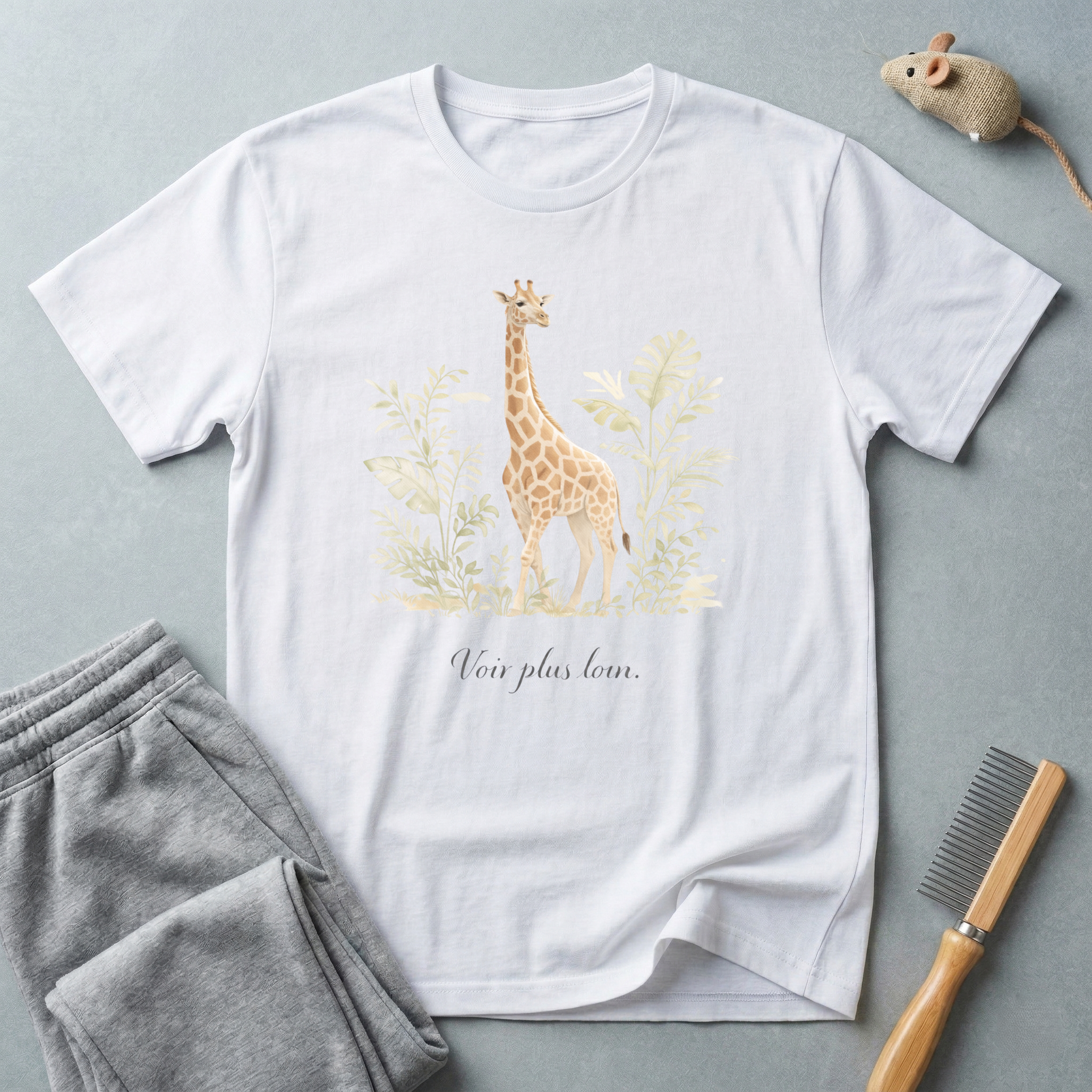 T-shirt girafe botanique — «Voir plus loin.»