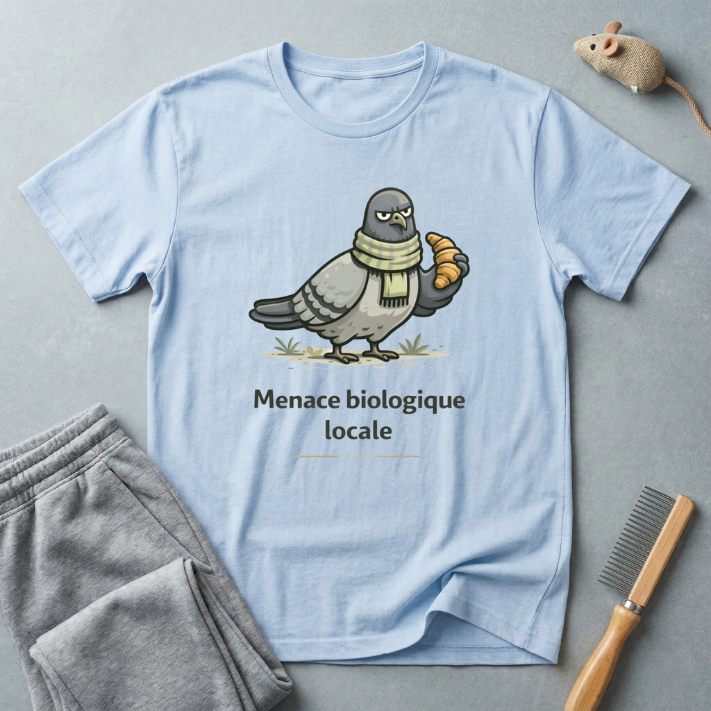 T-Shirt — "Menace biologique locale" Pigeon avec une écharpe et un croissant