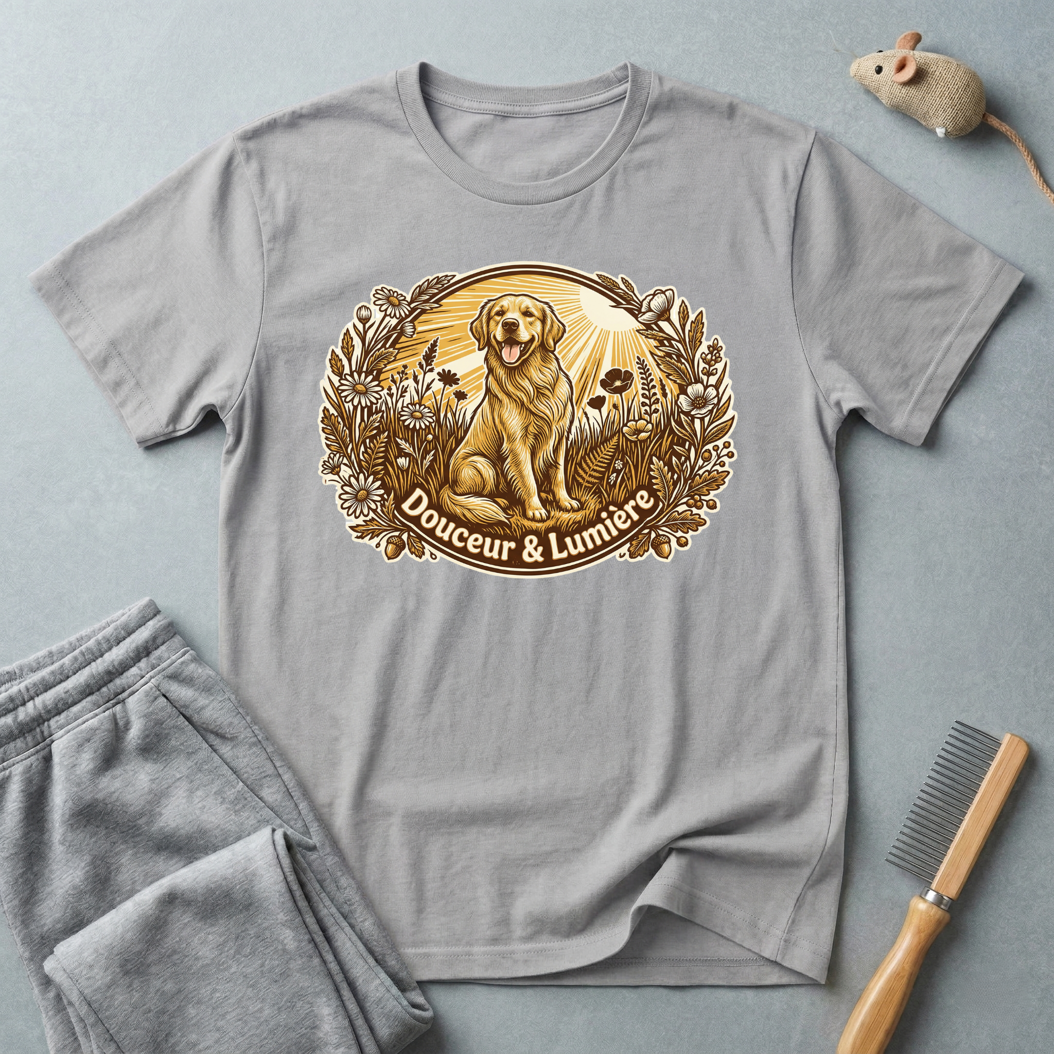 T-shirt Golden Retriever floral — T-shirt graphique chien vintage «Douceur & Lumière»