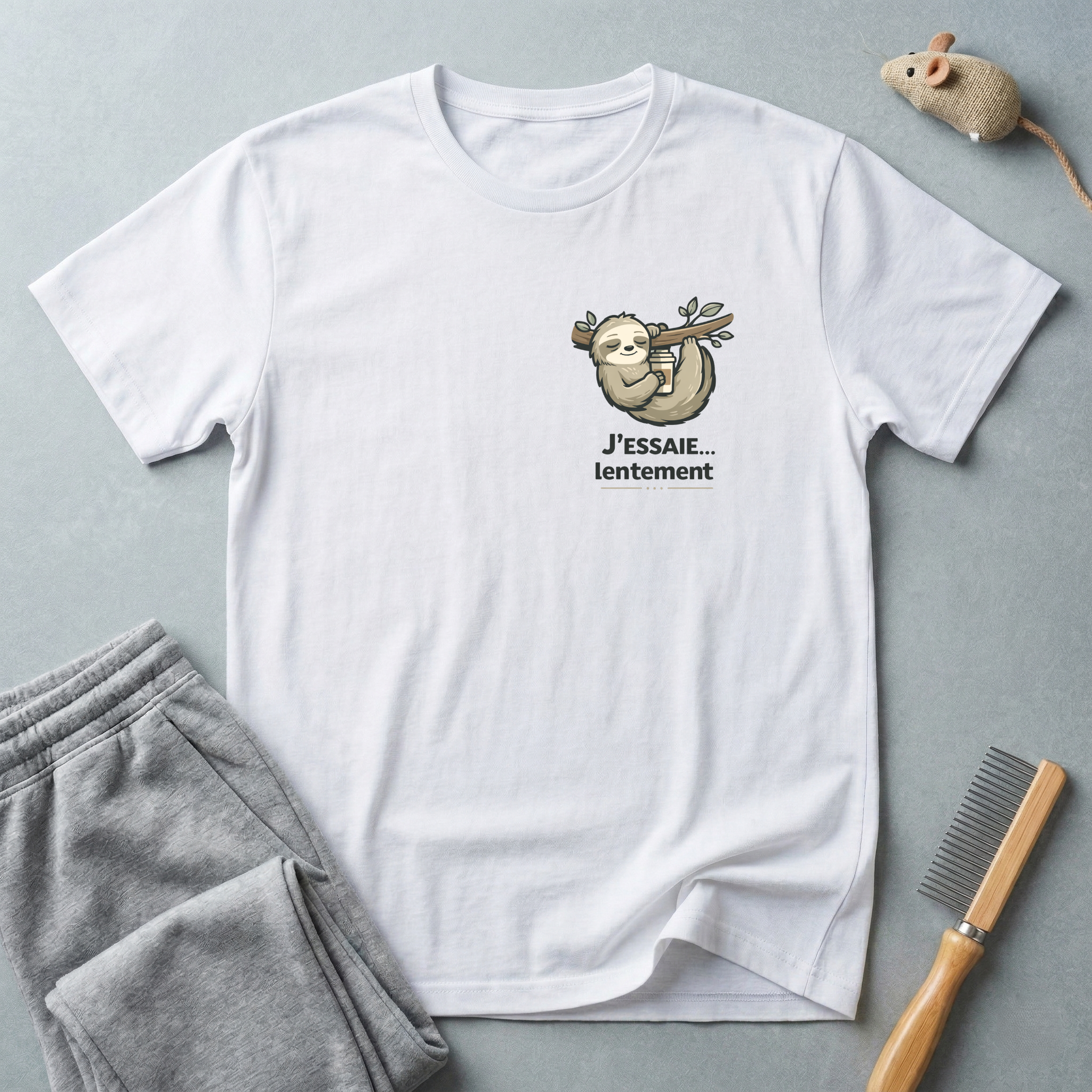 T-shirt illustration de paresseux — «J’essaie… mais lentement»