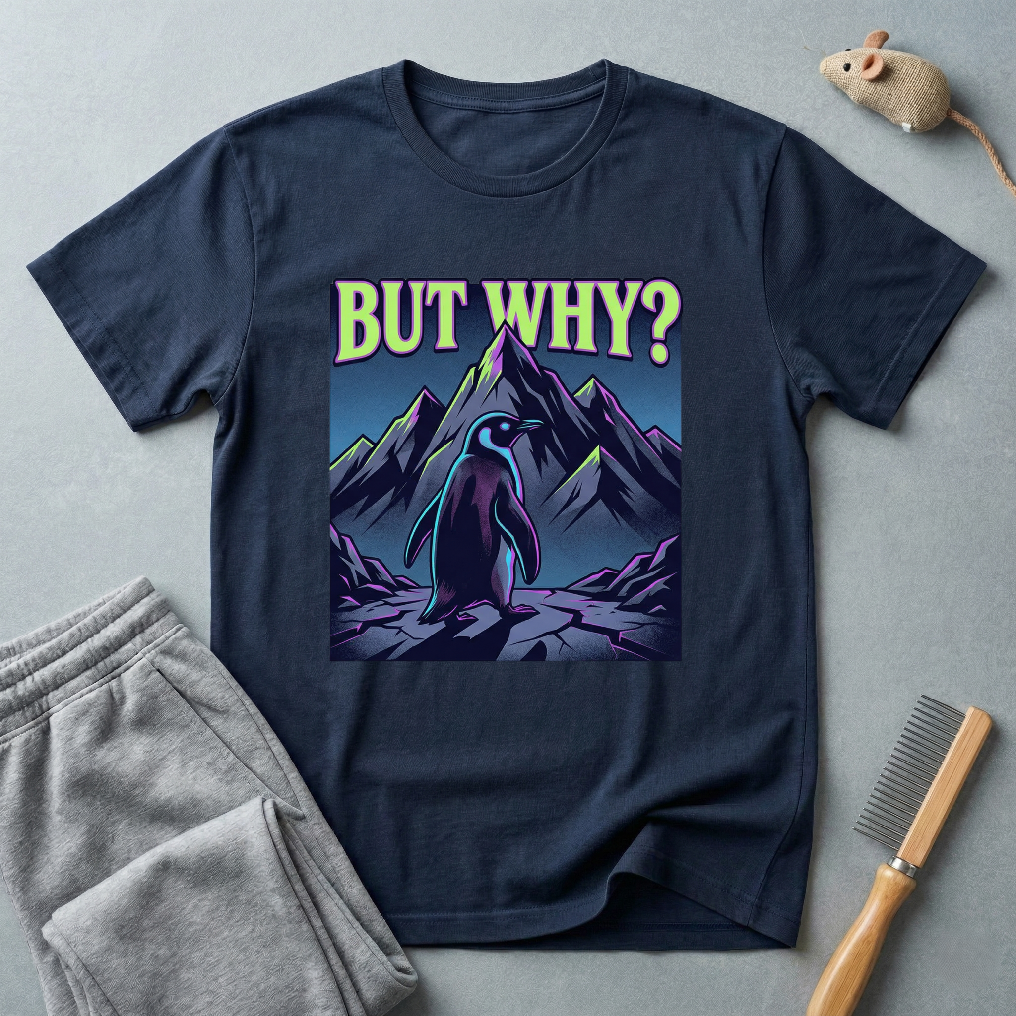 T-shirt — Silhouette de montagne minimaliste avec motif pingouin «But Why»
