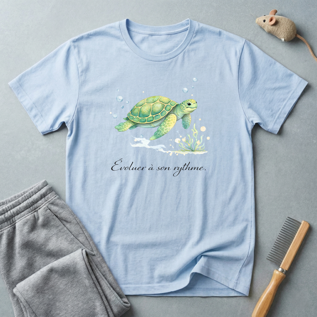 T-shirt aquarelle Tortue marine — T-shirt océan «Évoluer à son rythme.»
