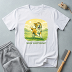 Dog T-Shirt — Cute Running Dog Graphic with “Woof Happening?”