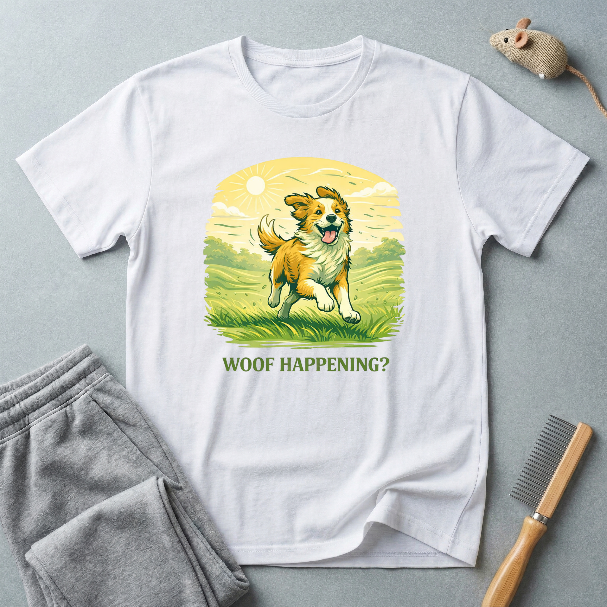 Dog T-Shirt — Cute Running Dog Graphic with “Woof Happening?”