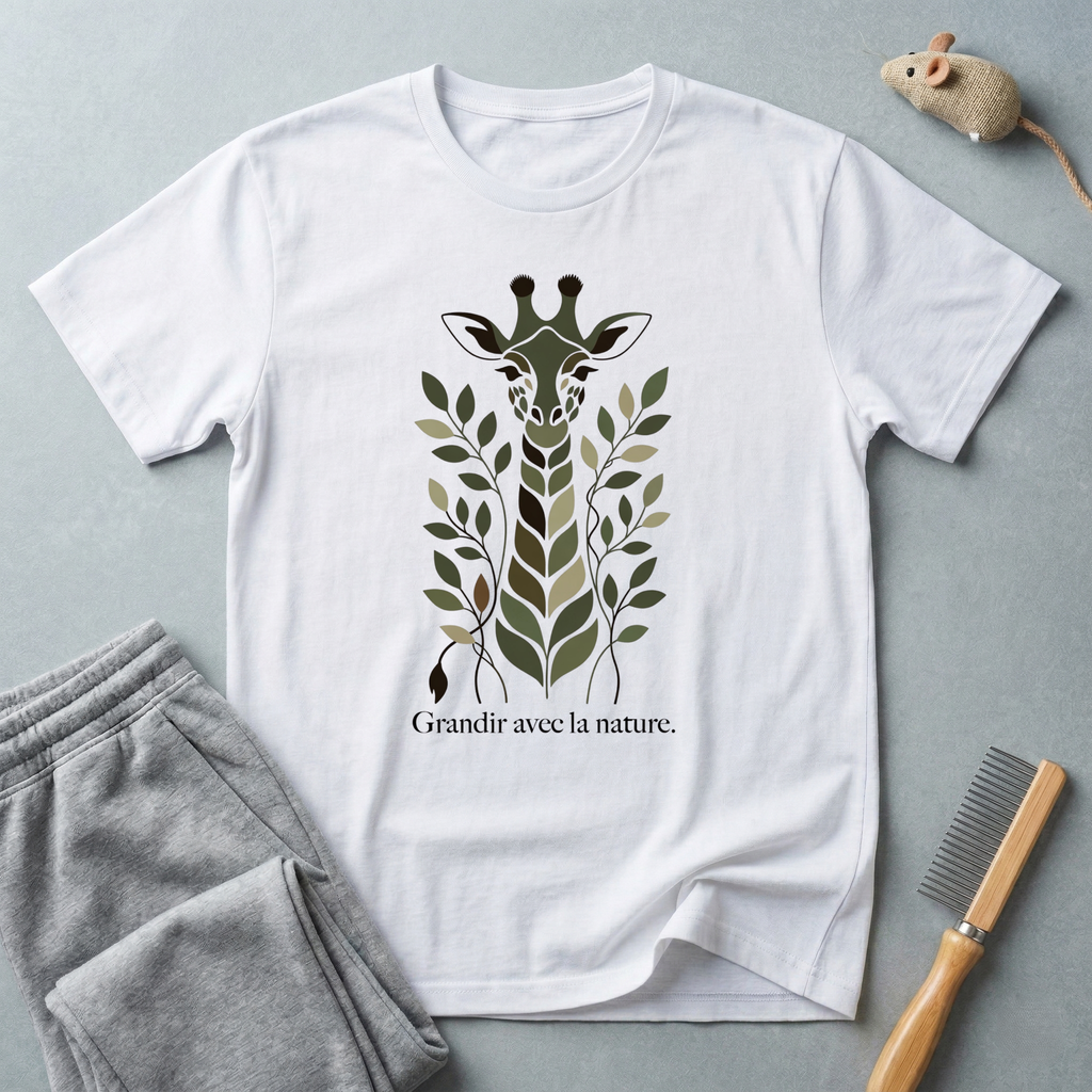 T-shirt silhouette de girafe et feuilles — T-shirt nature écoresponsable «Grandir avec la nature»