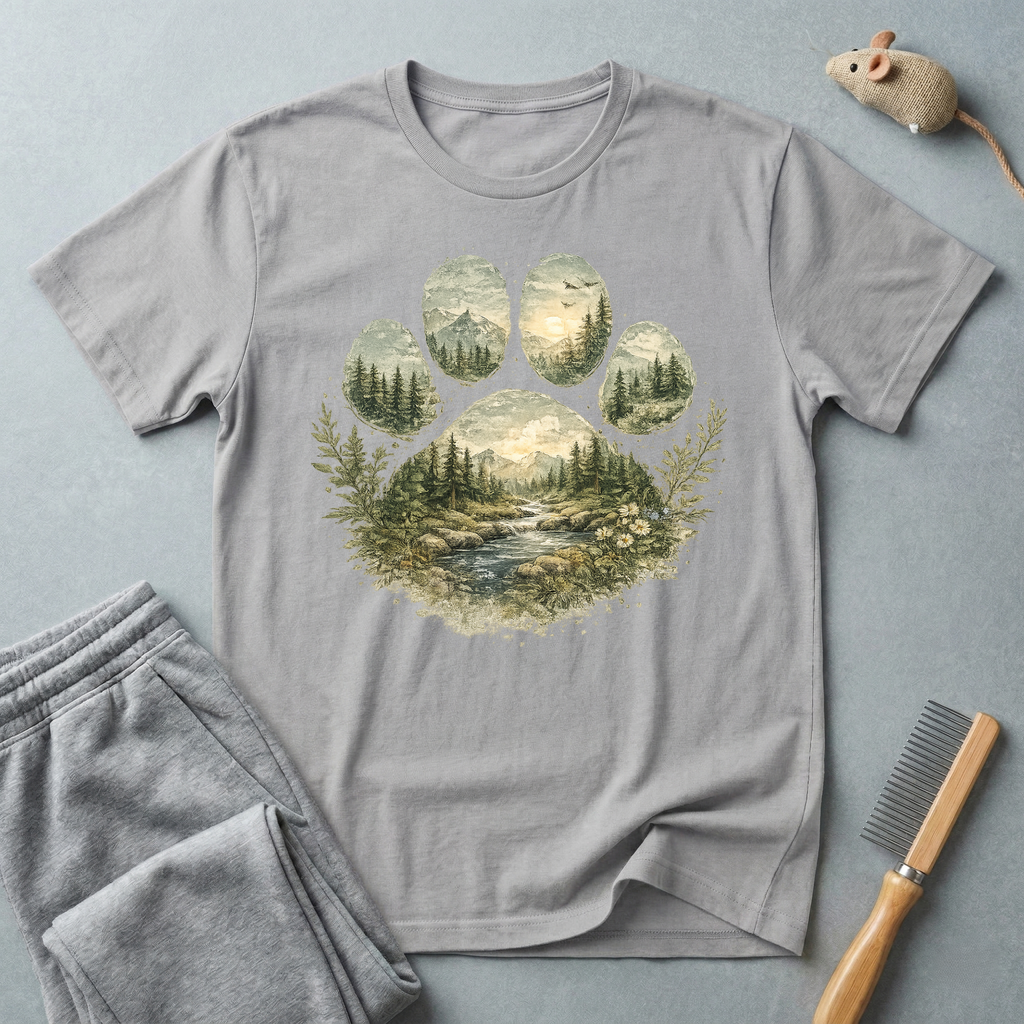 T-shirt paysage «Patte sauvage» — T-shirt nature avec empreinte de patte en forêt de montagne