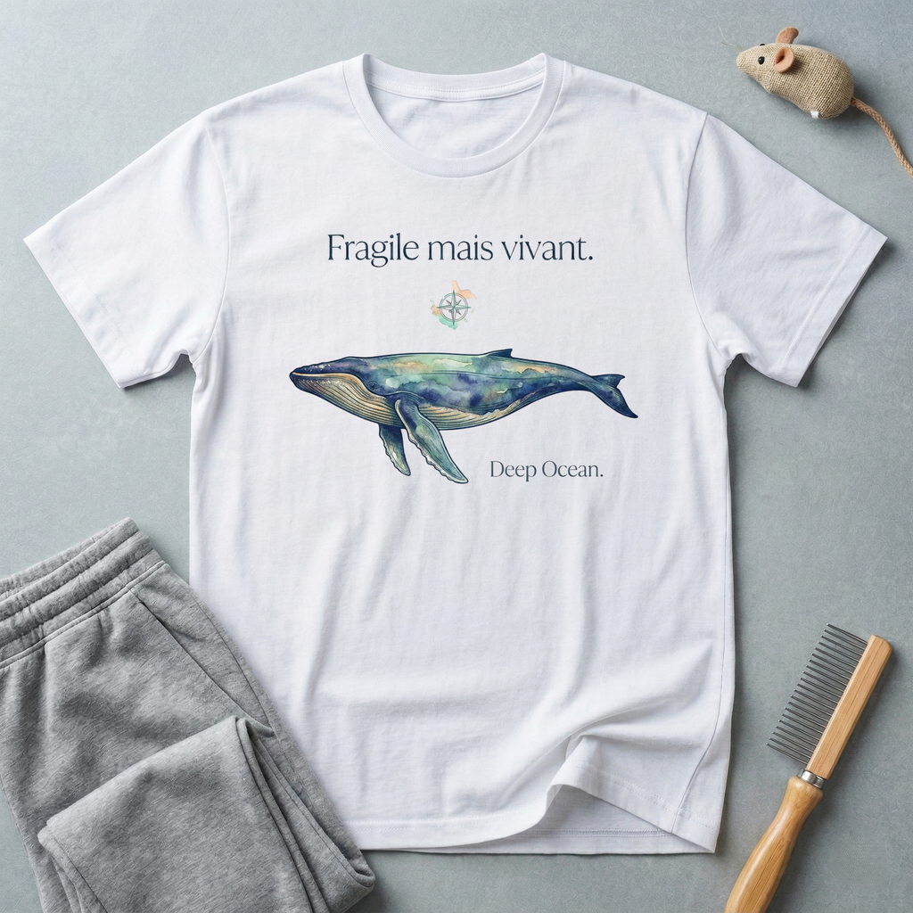 T-shirt Baleine Aquarelle — T-shirt de sensibilisation à la protection des océans «Fragile mais vivant.»