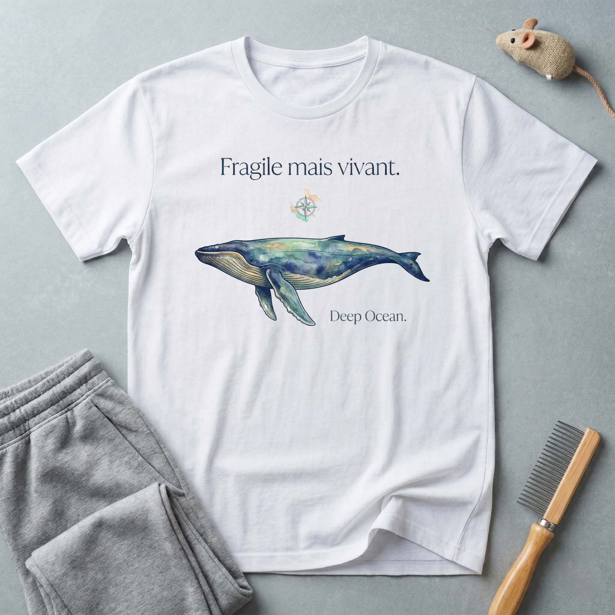 T-shirt Baleine Aquarelle — T-shirt de sensibilisation à la protection des océans «Fragile mais vivant.»