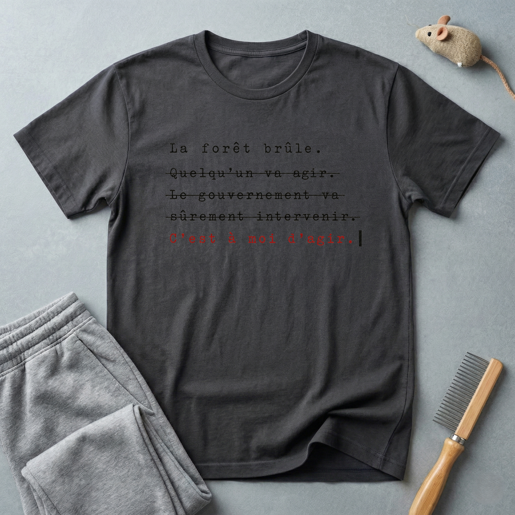 T-shirt style machine à écrire — «La forêt brûle… c’est à moi d’agir.»