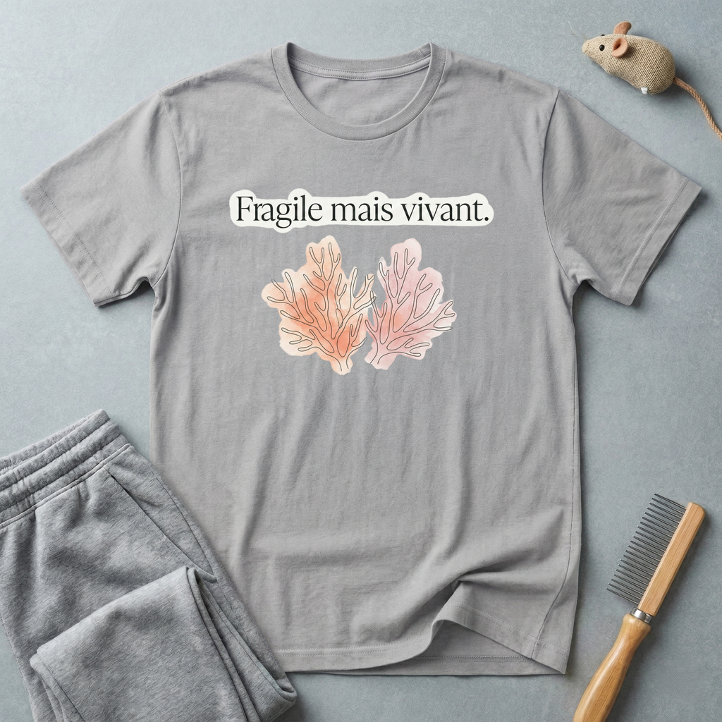 T-shirt floral « Fragile mais vivant. » — T-shirt citation française avec illustration botanique pastel