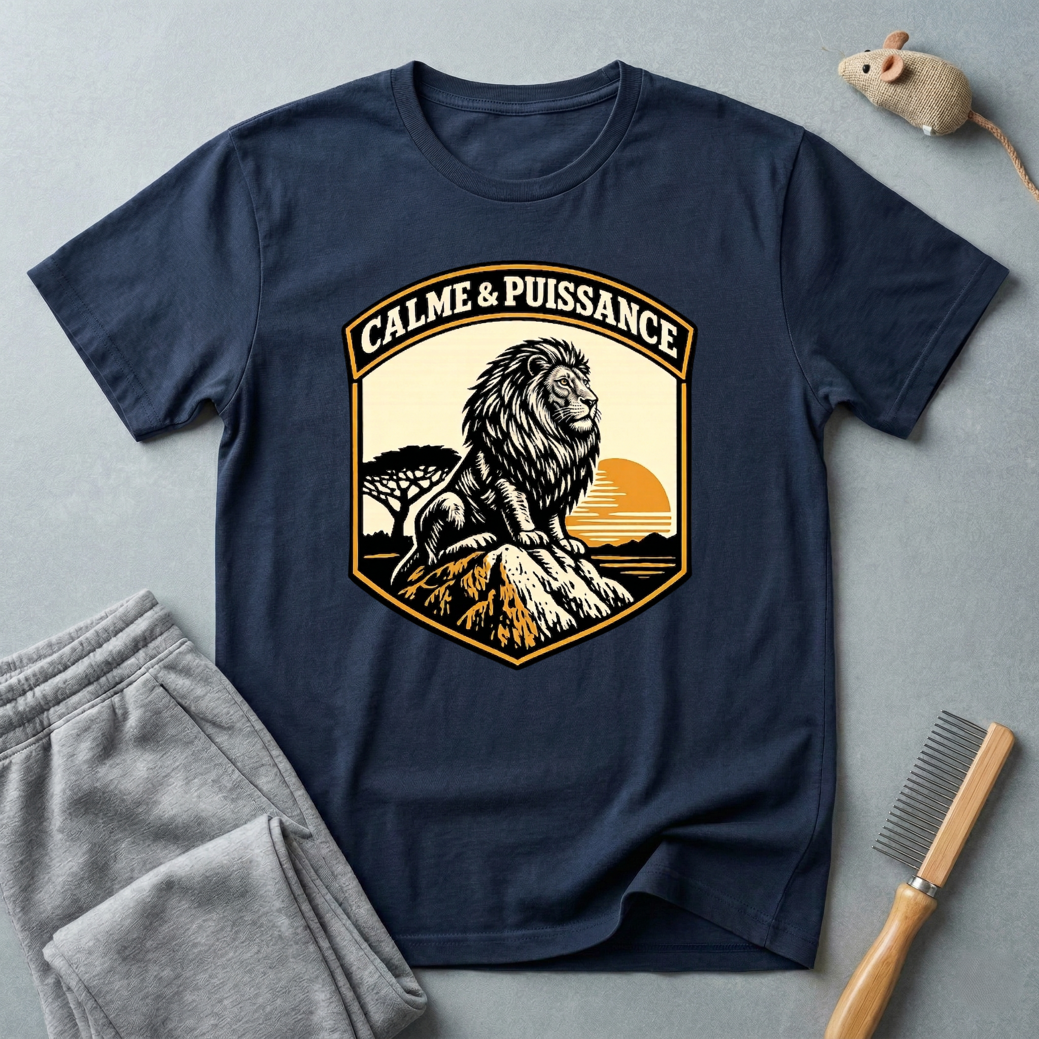 T-shirt graphique Lion «Calme & Puissance» — T-shirt vintage safari au coucher de soleil