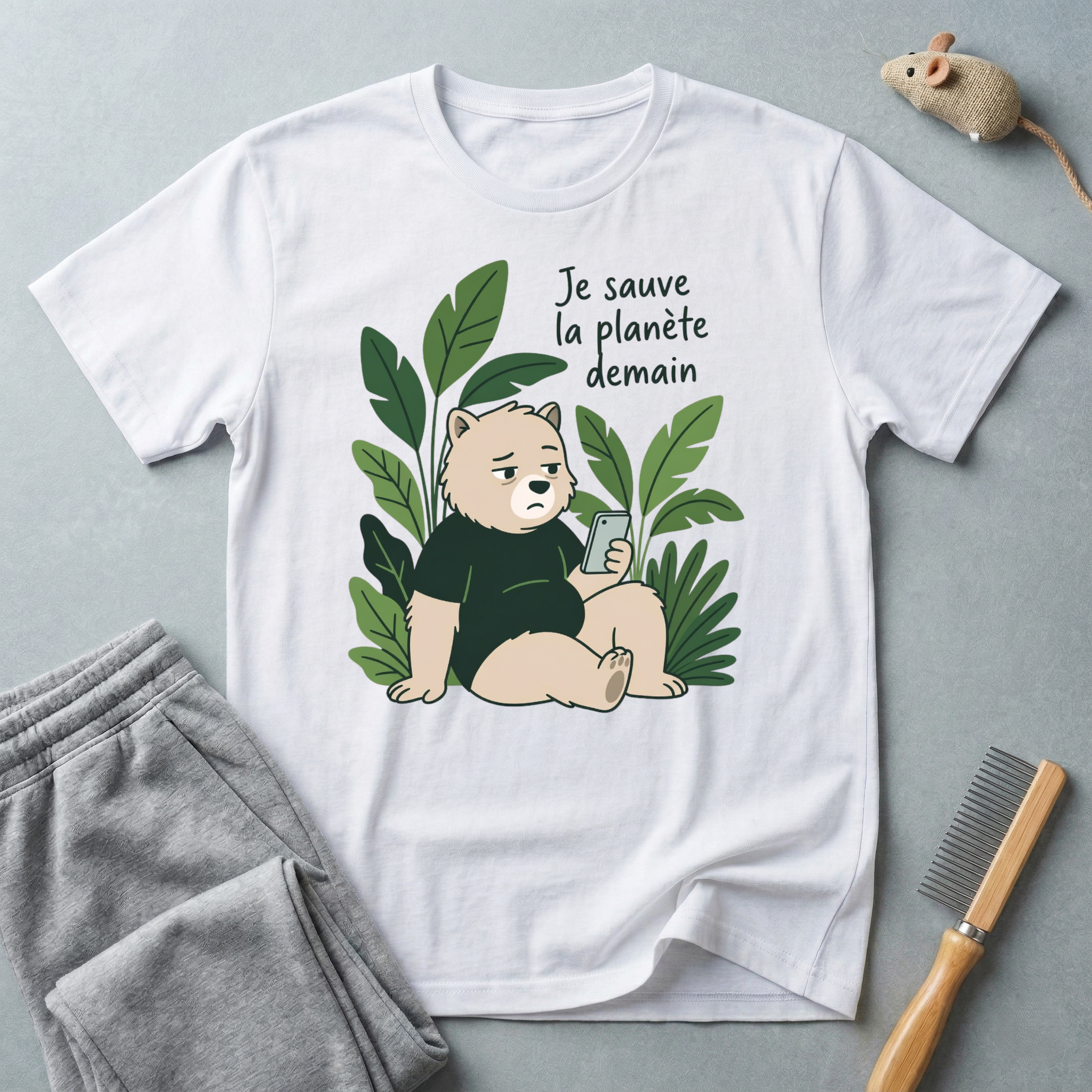T-Shirt — Je sauve la planète demain (Ourson se relaxant avec des plantes)