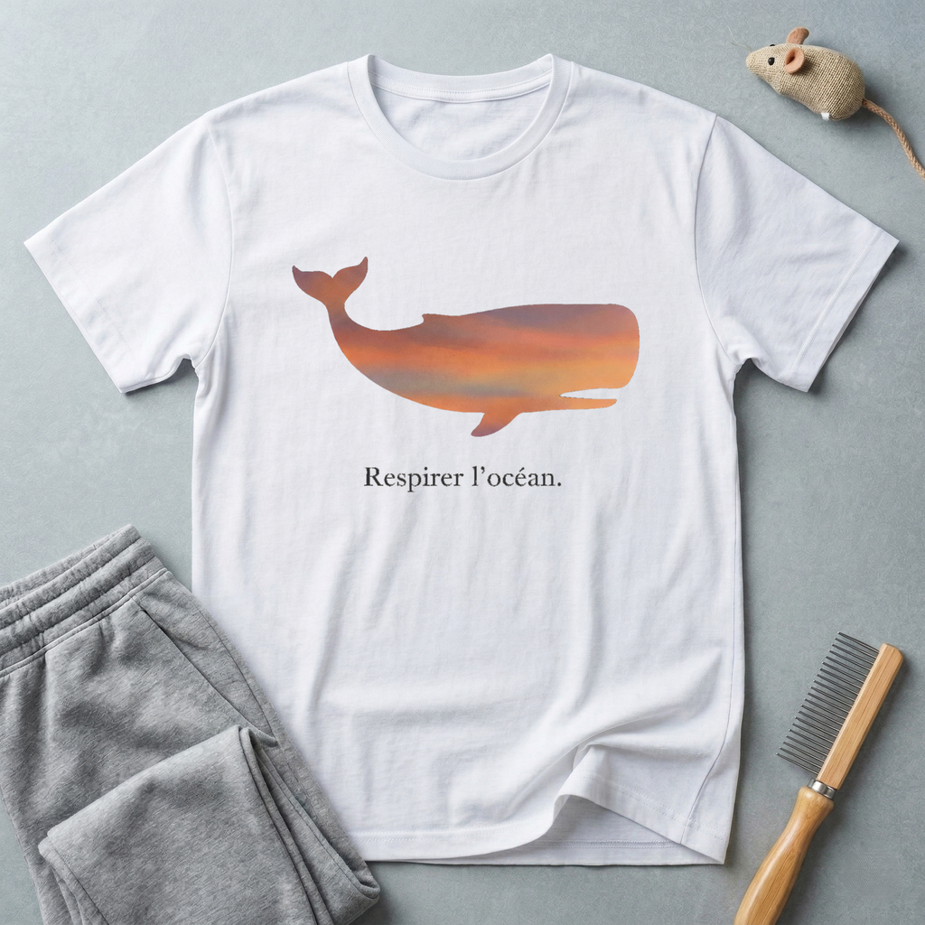 T-shirt — Silhouette de baleine au coucher de soleil «Respirer l’océan»