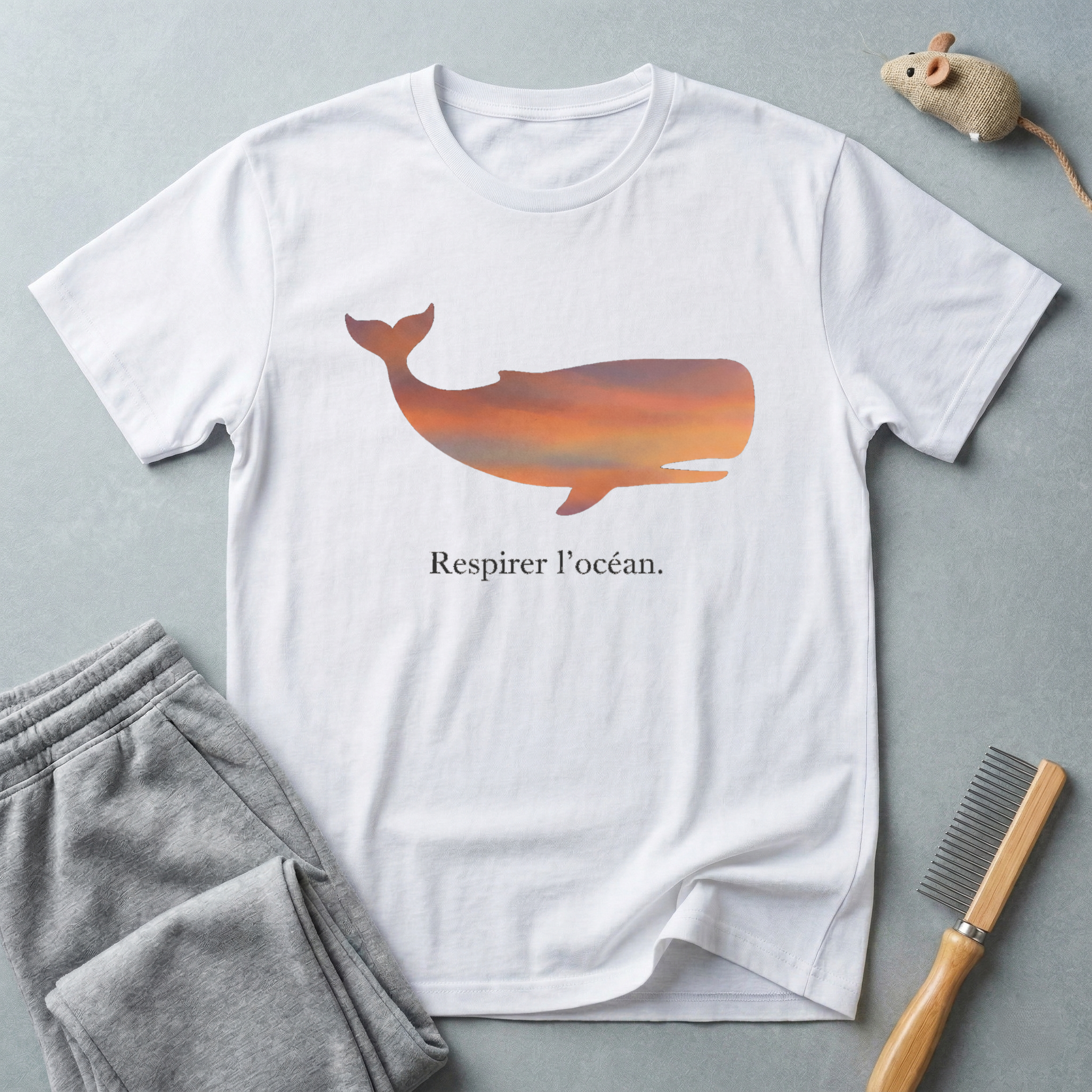 T-shirt — Silhouette de baleine au coucher de soleil «Respirer l’océan»
