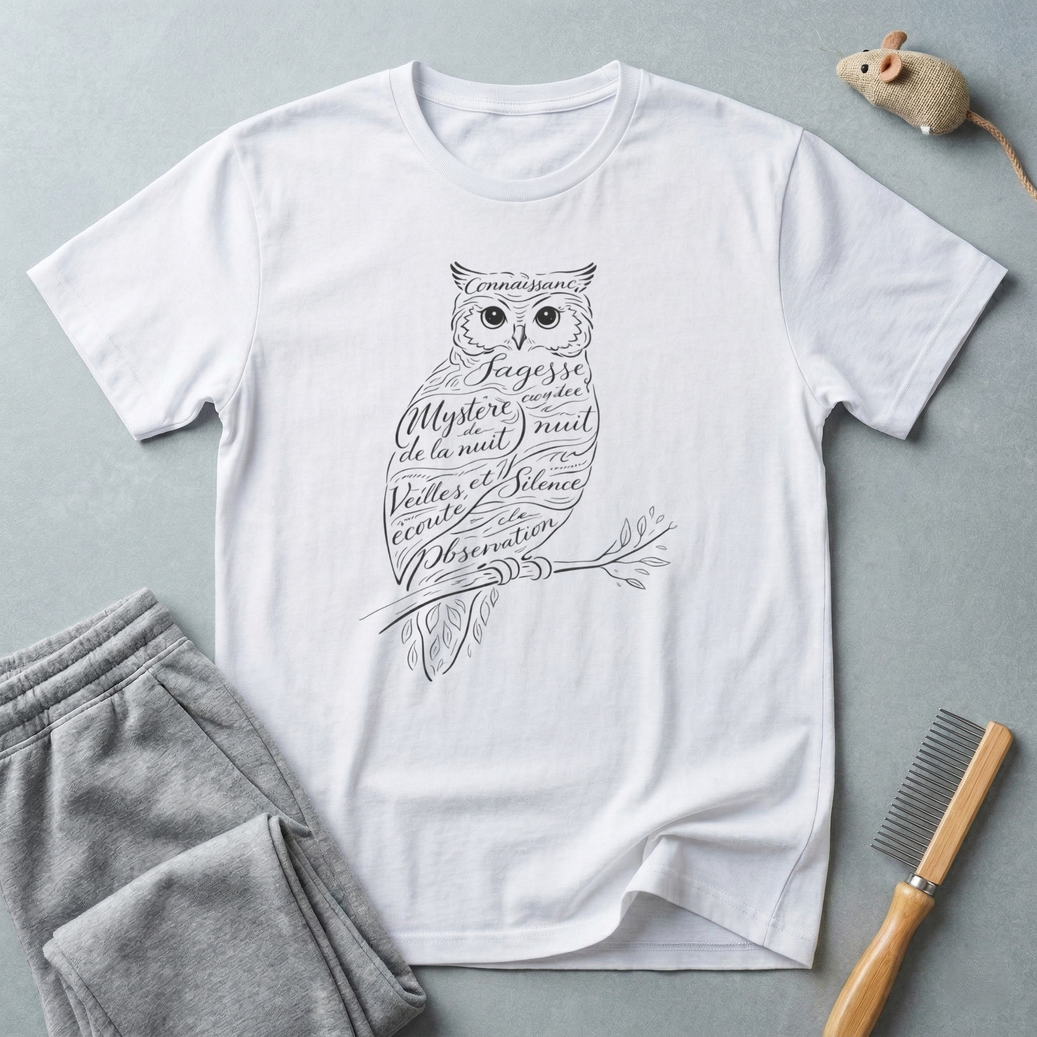 T-shirt hibou calligraphie — T-shirt faune à écriture vintage