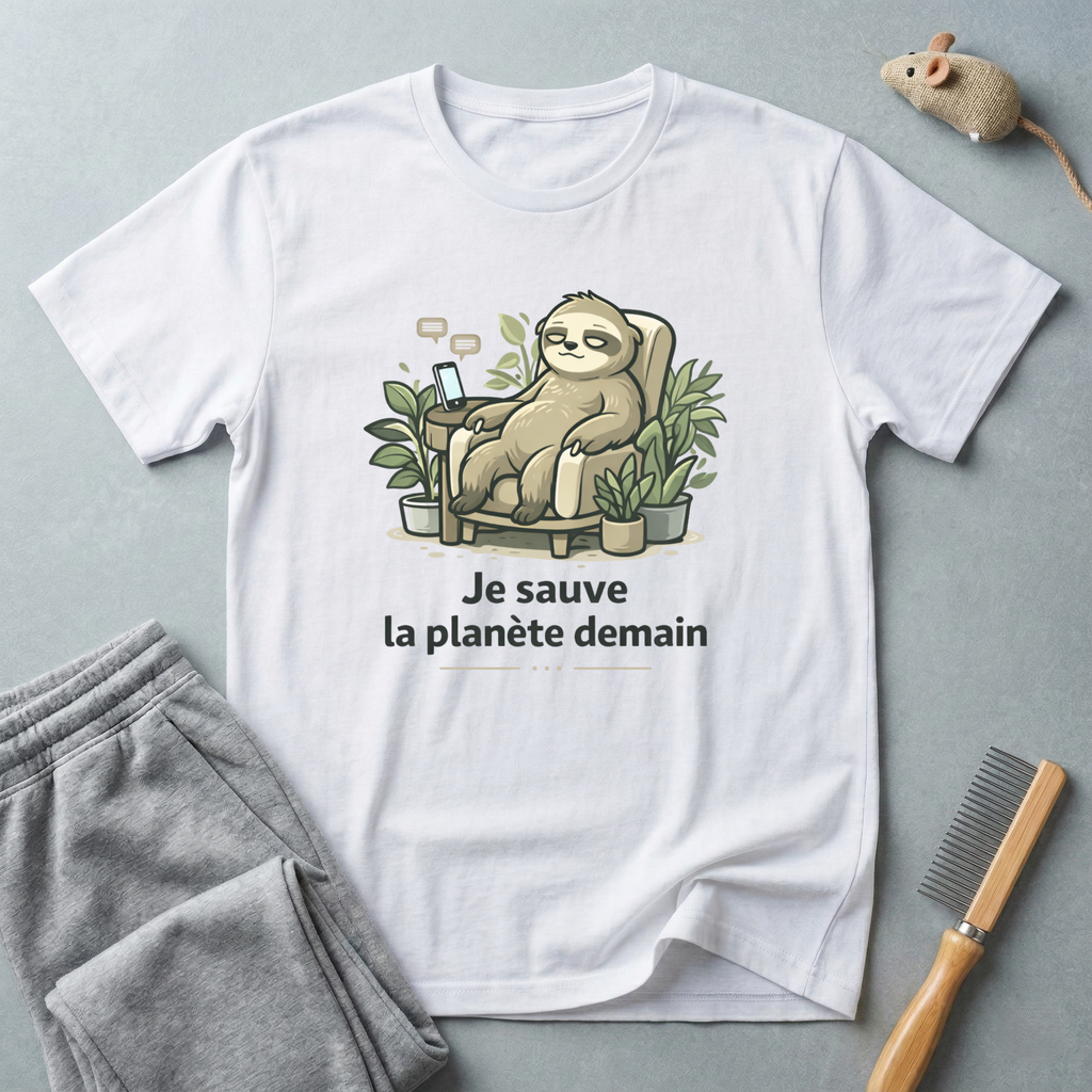 T-shirt éco paresseux — «Je sauve la planète demain»