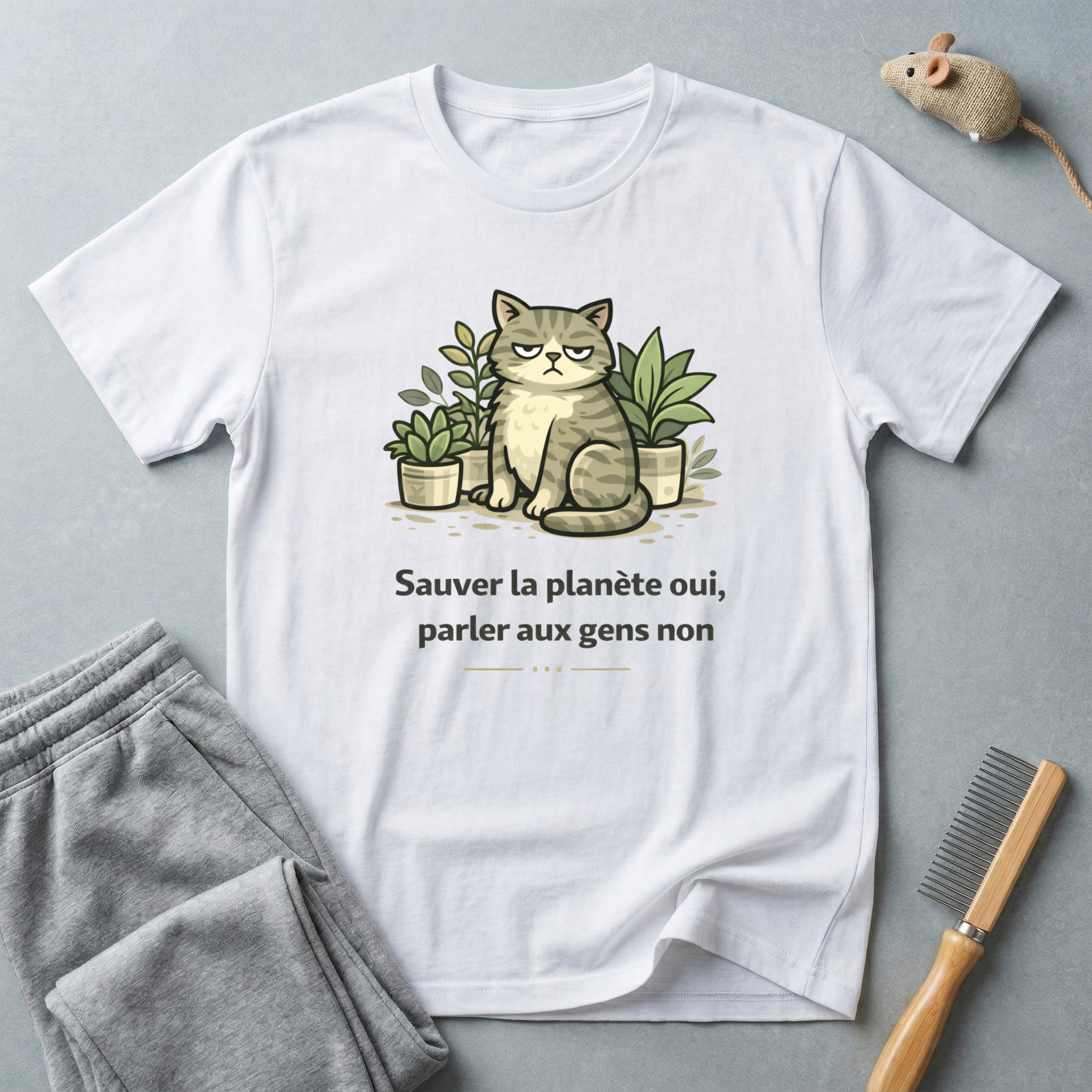 T-shirt chat & plantes — «Sauver la planète oui, parler aux gens non»