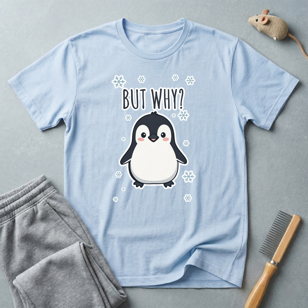 T-shirt pingouin «But Why?» — T-shirt graphique d’hiver mignon