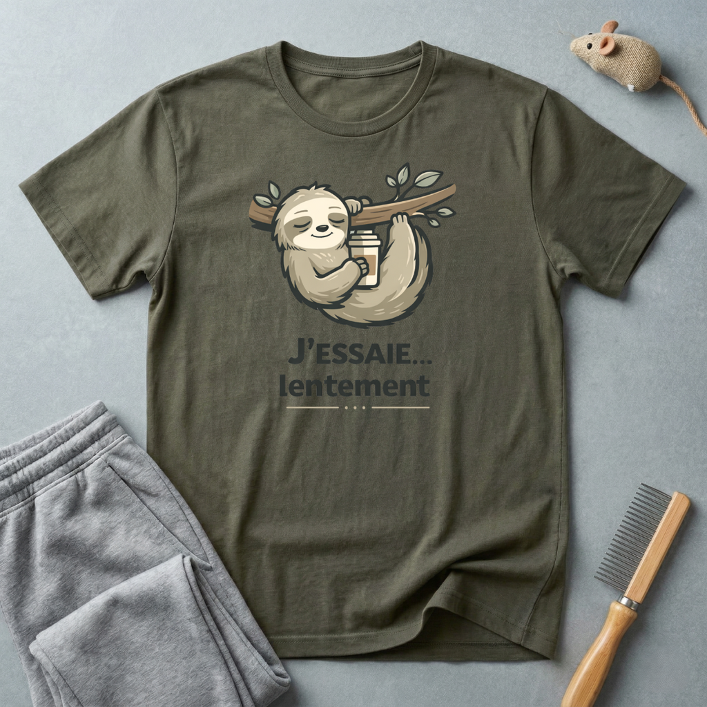 T-shirt paresseux café — «J’essaie… lentement»