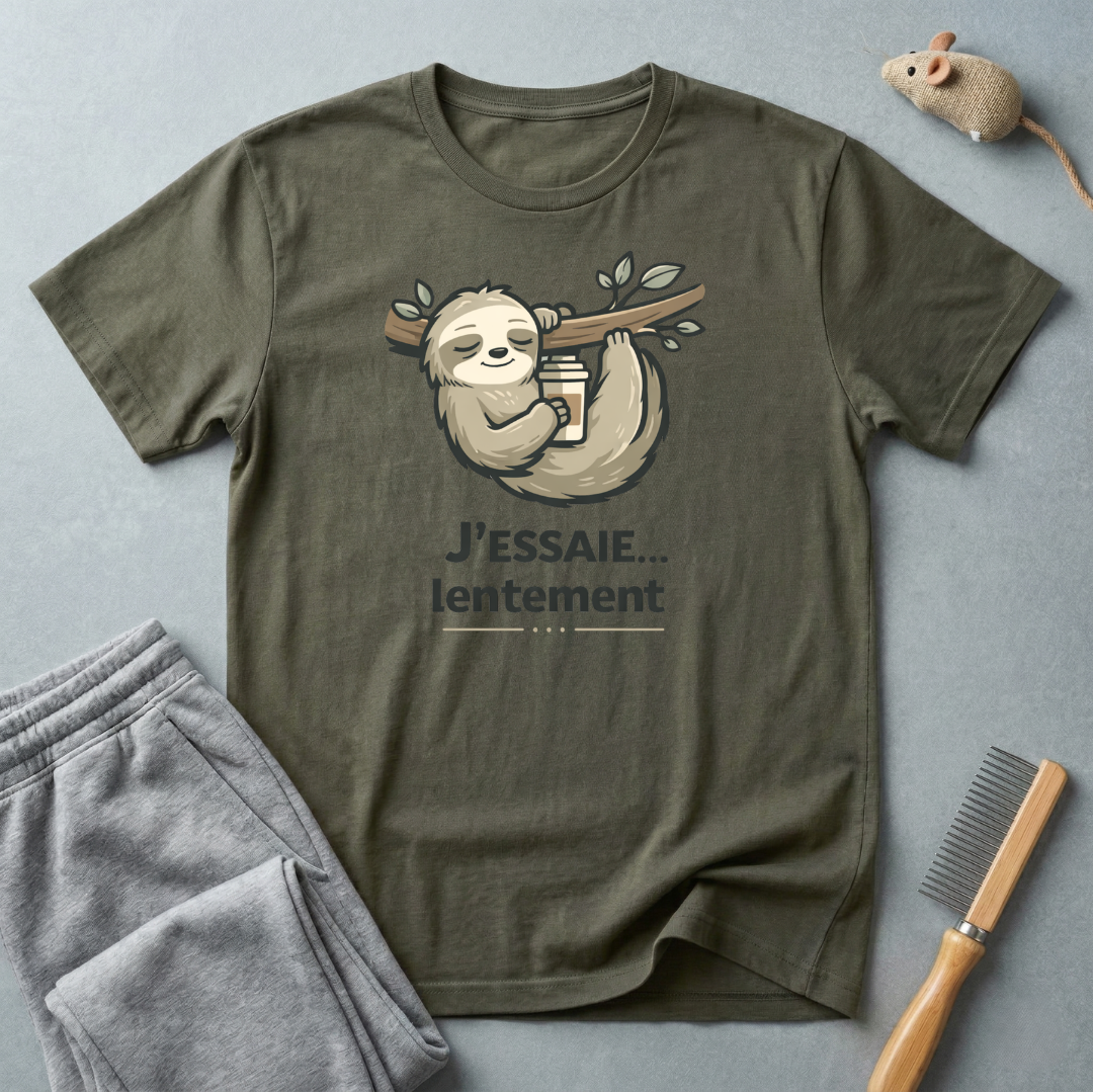T-shirt paresseux café — «J’essaie… lentement»