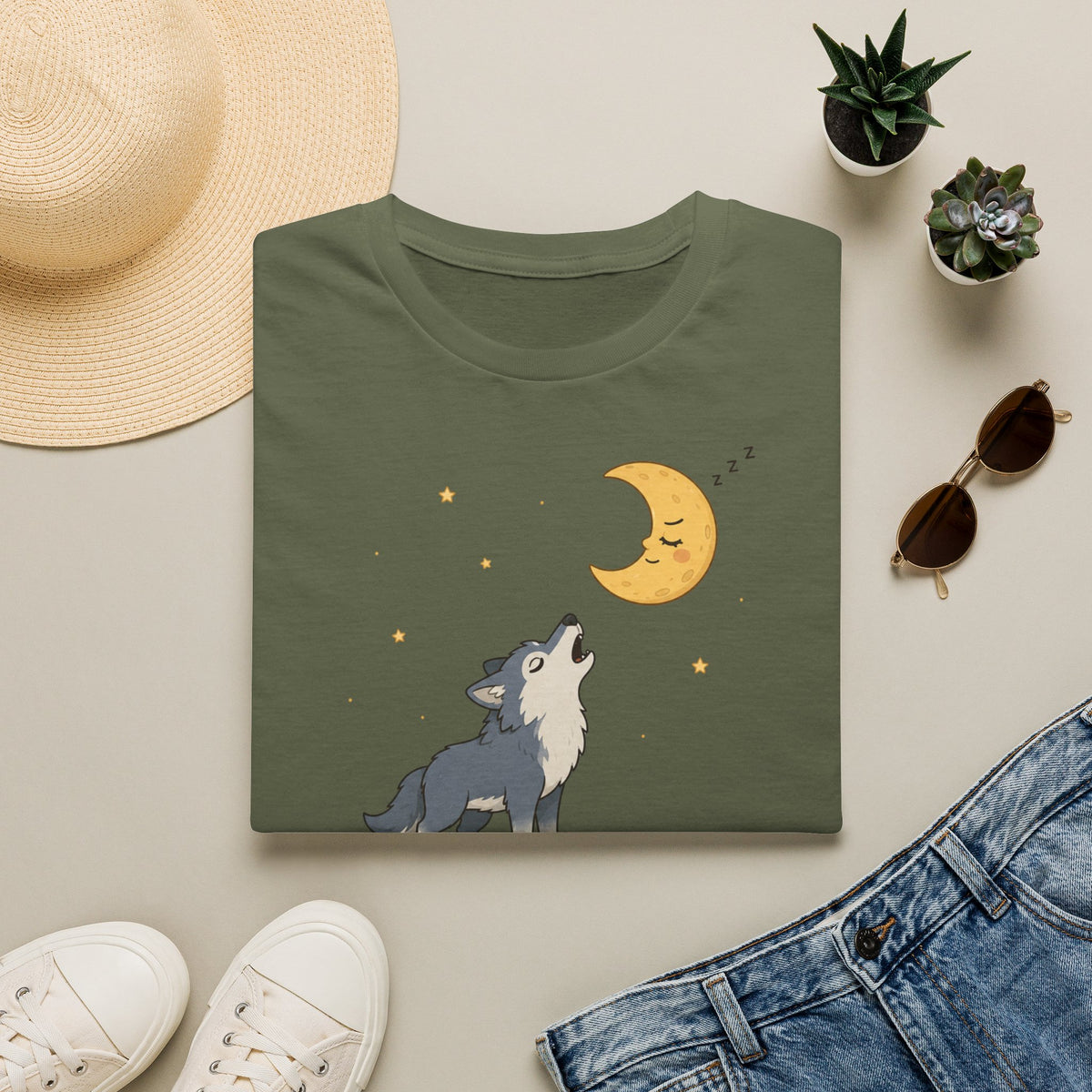 T-shirt Loup hurlant à la lune — Adorable illustration du ciel nocturne