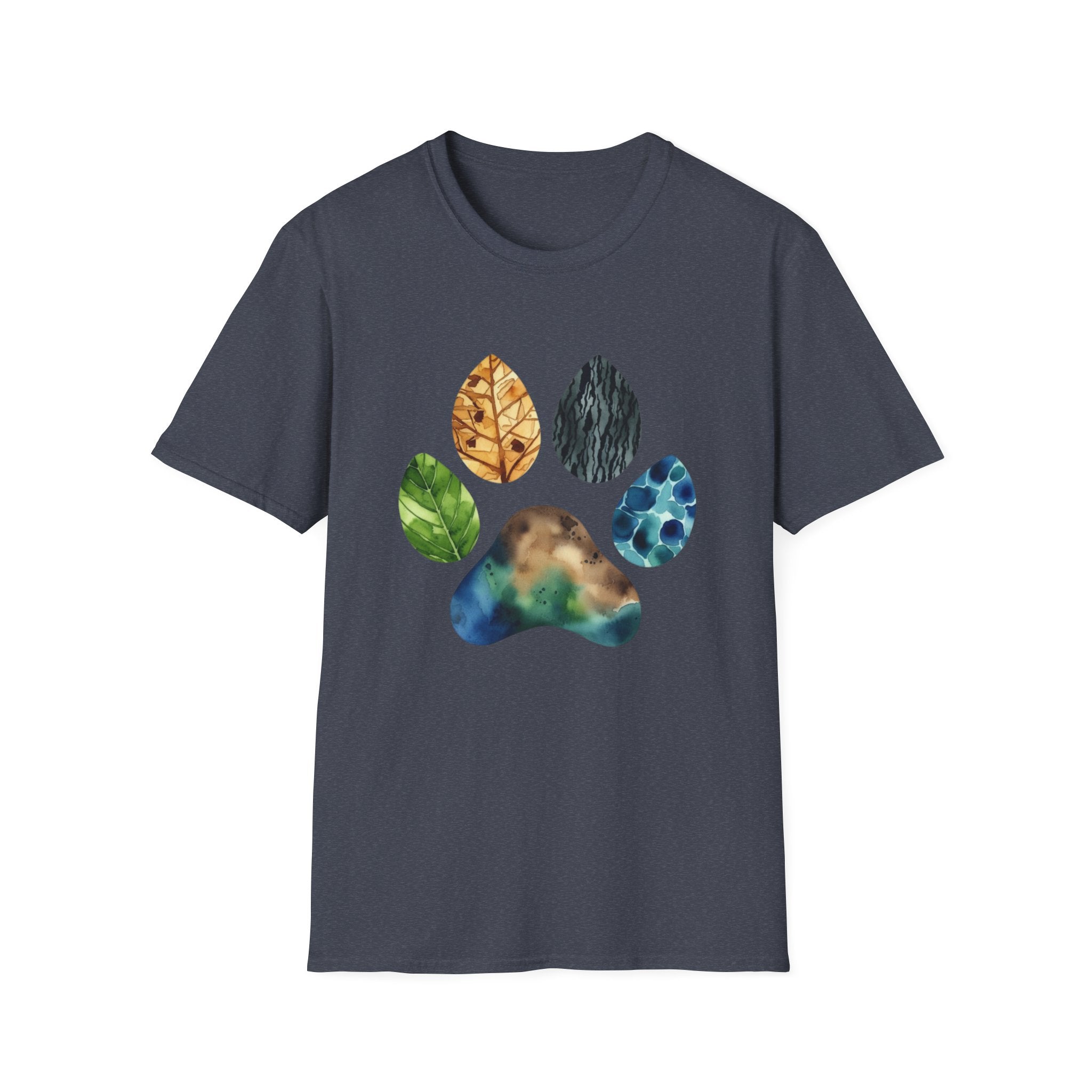Nature Paw Print T-Shirt — Colorful Leaf & Stone Paw Design