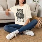 T-shirt illustré avec hibou — « VEILLE. » — T-shirt graphique vintage de veille nocturne