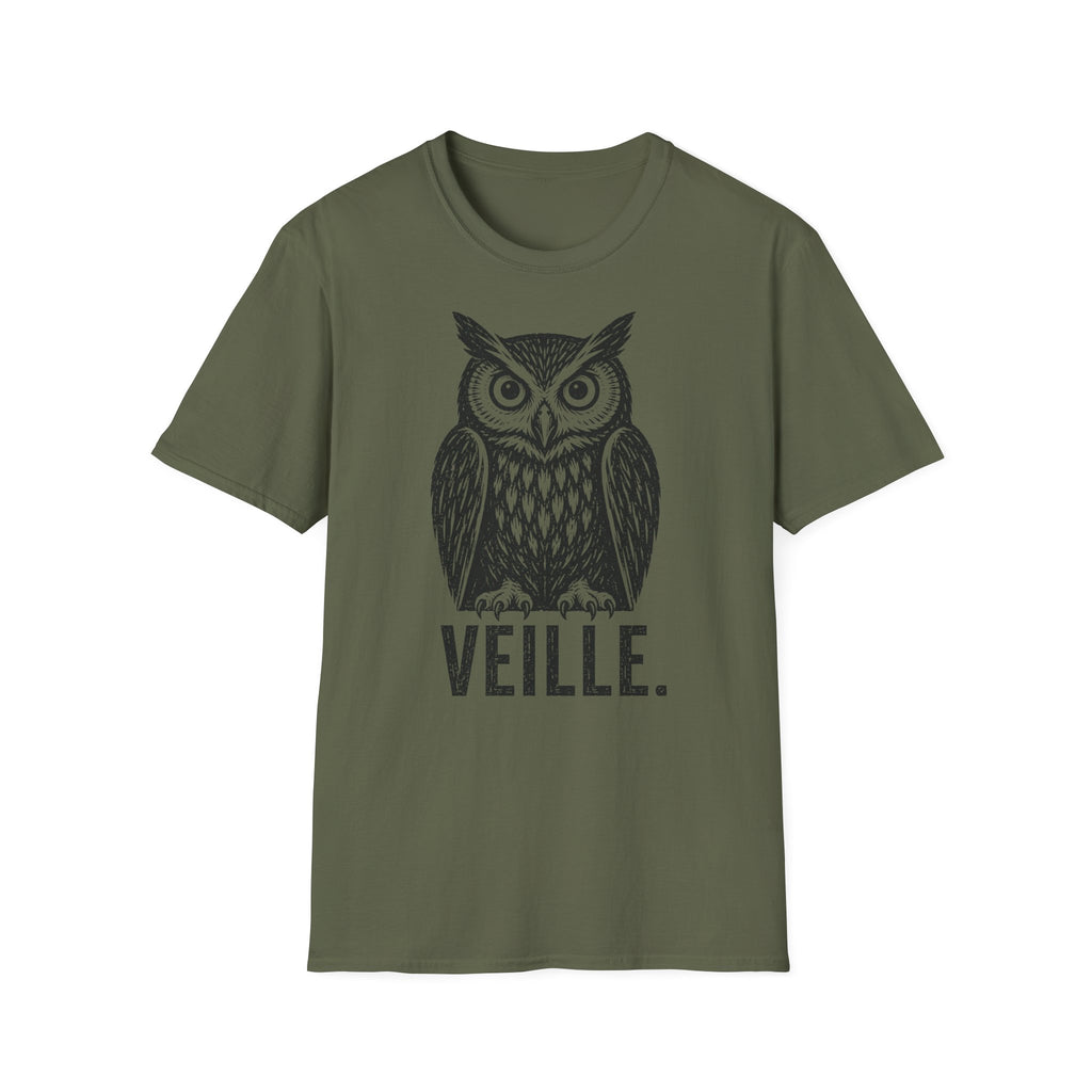 T-shirt illustré avec hibou — « VEILLE. » — T-shirt graphique vintage de veille nocturne