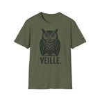 T-shirt illustré avec hibou — « VEILLE. » — T-shirt graphique vintage de veille nocturne