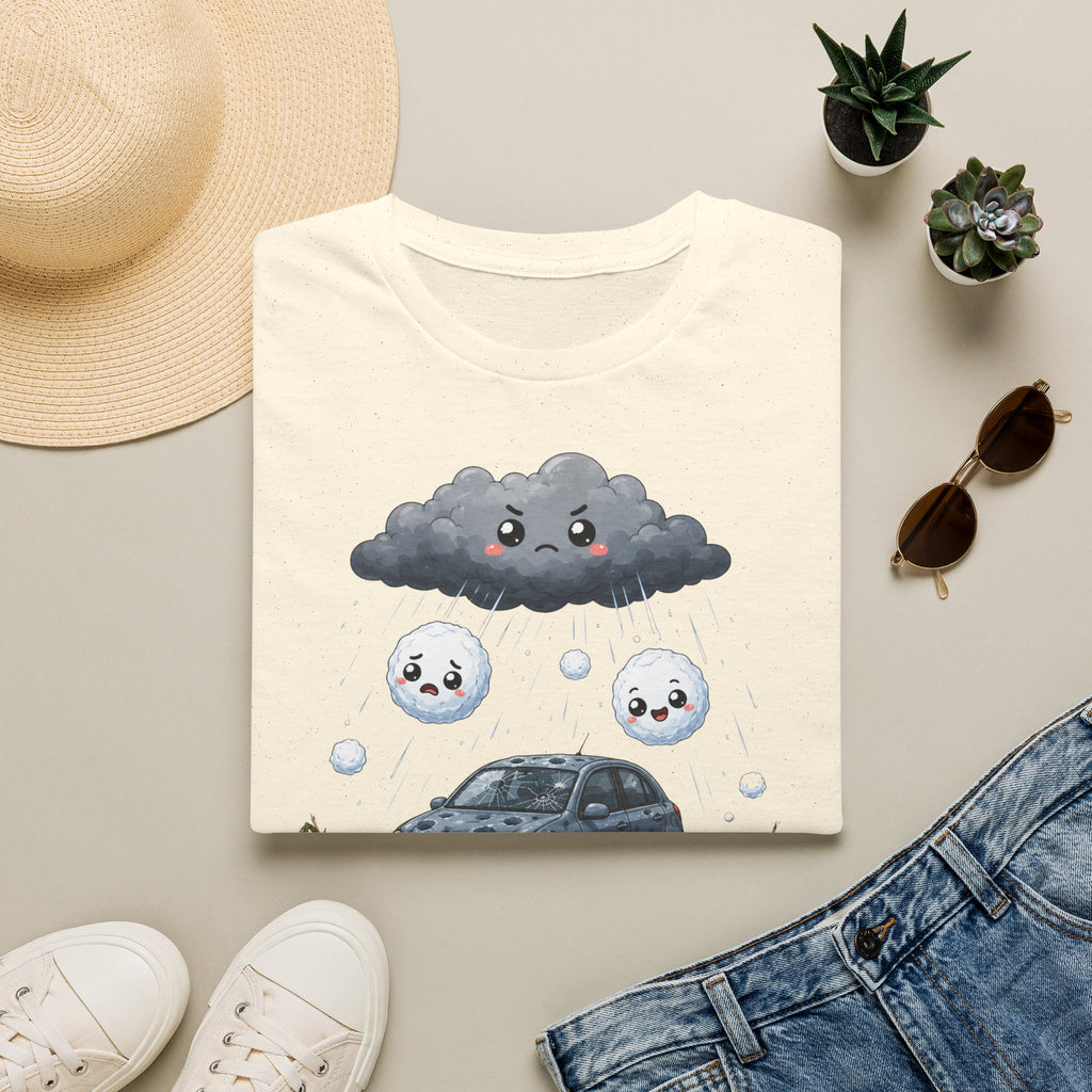 T-shirt — Nuage de pluie mignon avec gouttes de pluie tristes et voiture — Illustration météo drôle et adorable