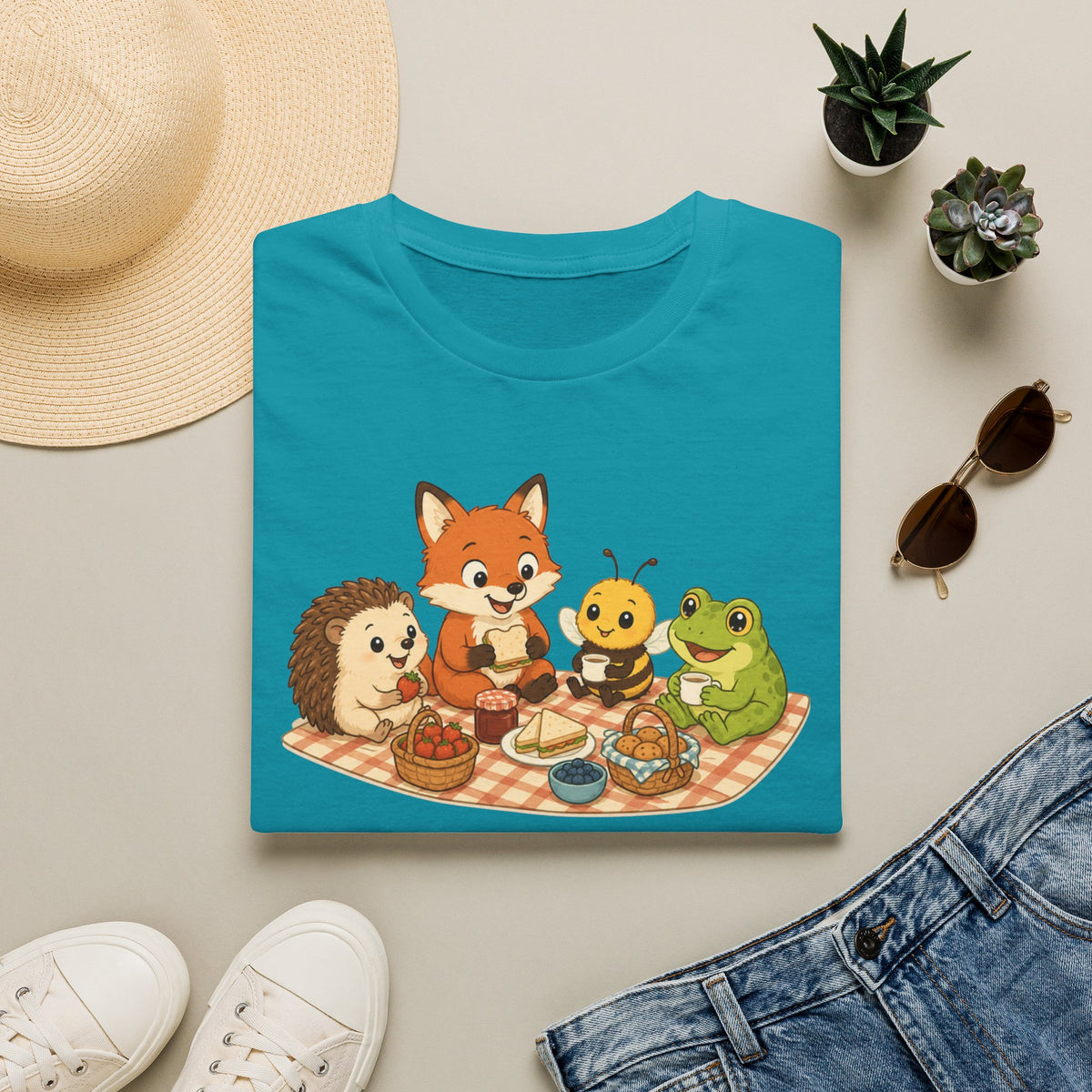 T-shirt enfant « Pique-nique des animaux » — Renard, hérisson, abeille et grenouille — Adorable illustration « Meilleure tablée »
