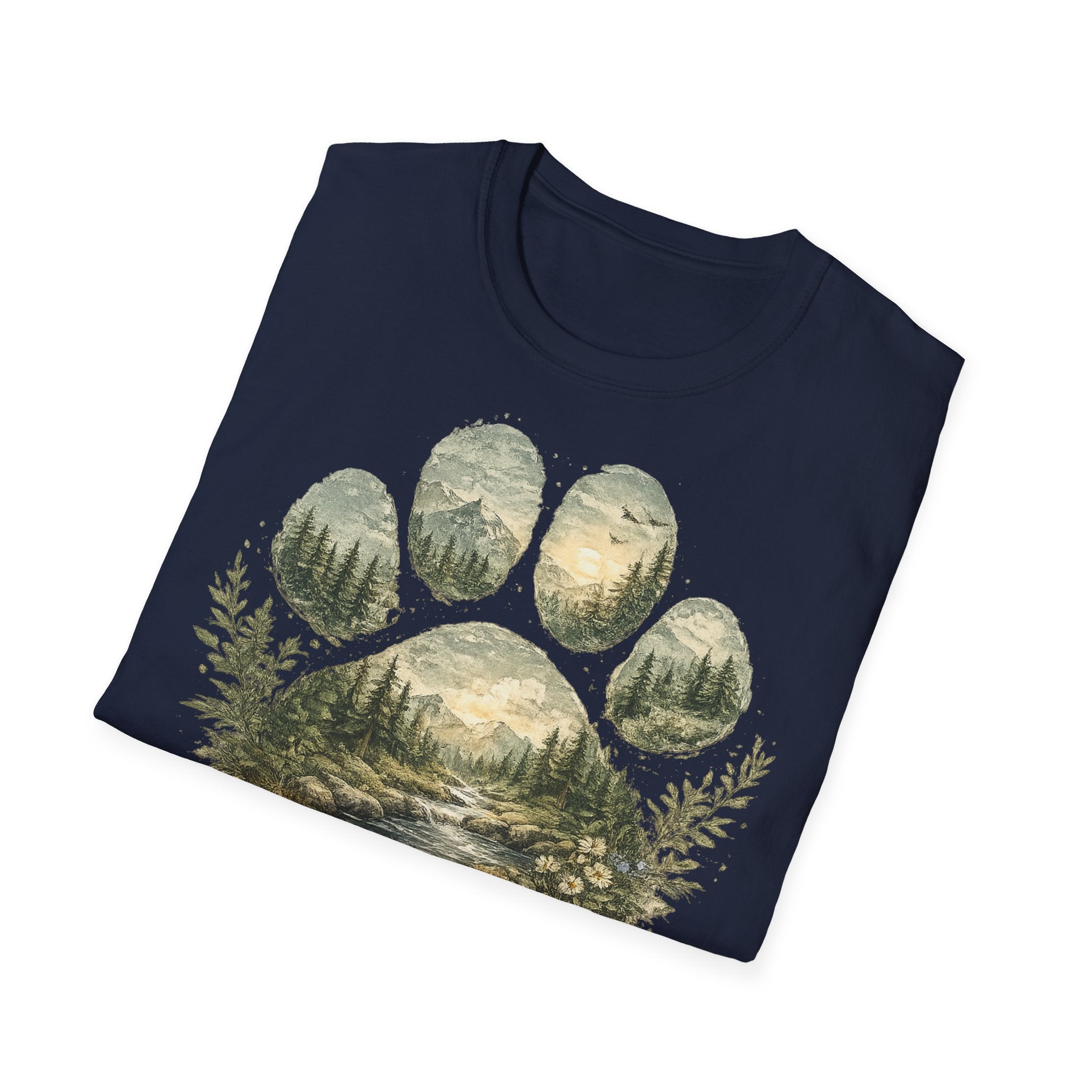 Wild Paw Landscape T-Shirt — Mountain Forest Paw Print Nature Tee
