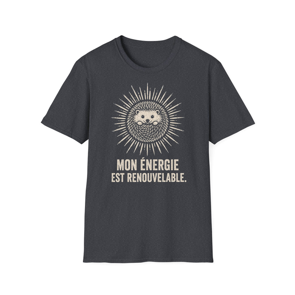 T-shirt Hérisson et énergie renouvelable — « Mon énergie est renouvelable » — T-shirt graphique écoresponsable
