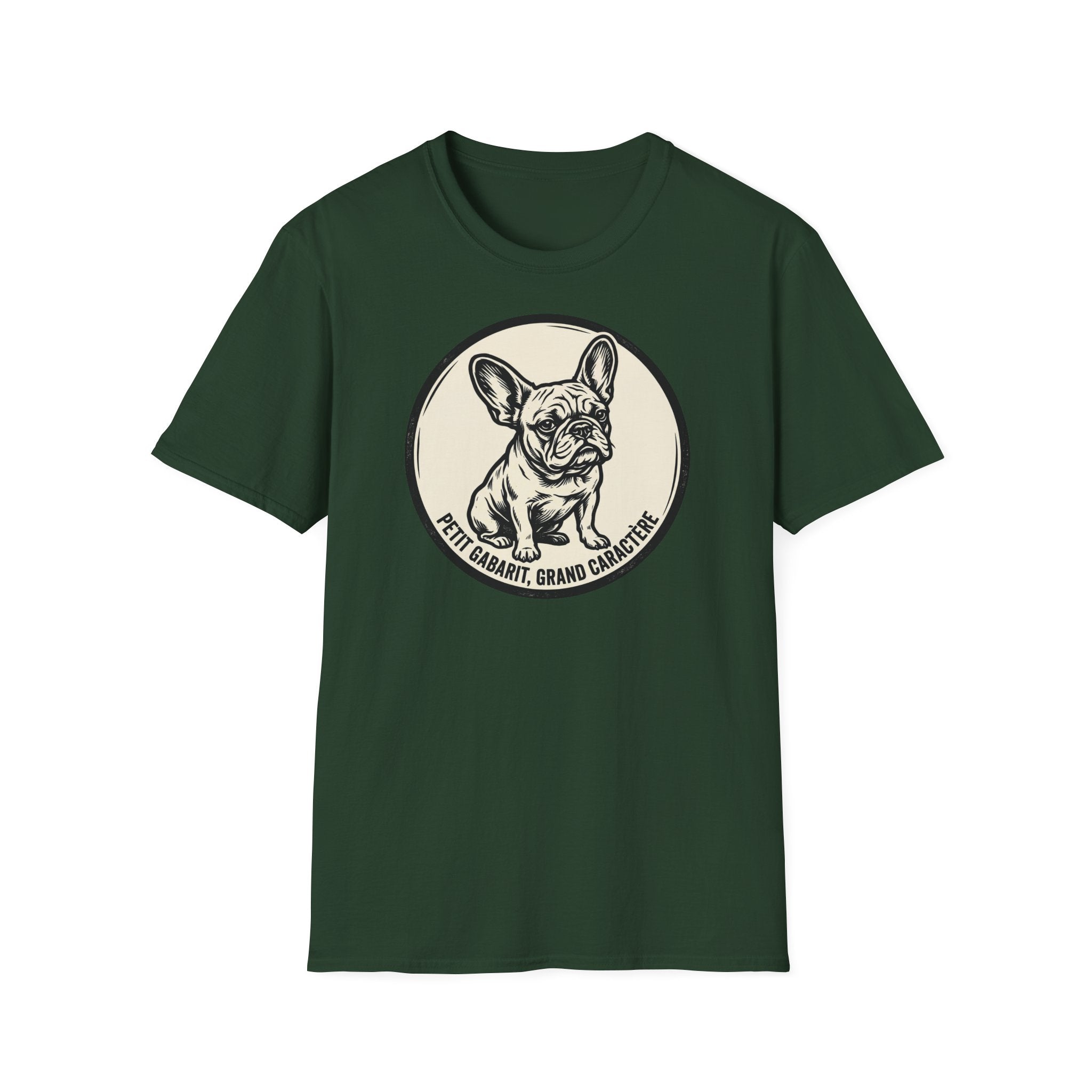 T-shirt graphique Bouledogue Français — «Courage mignon, grand caractère» Badge vintage