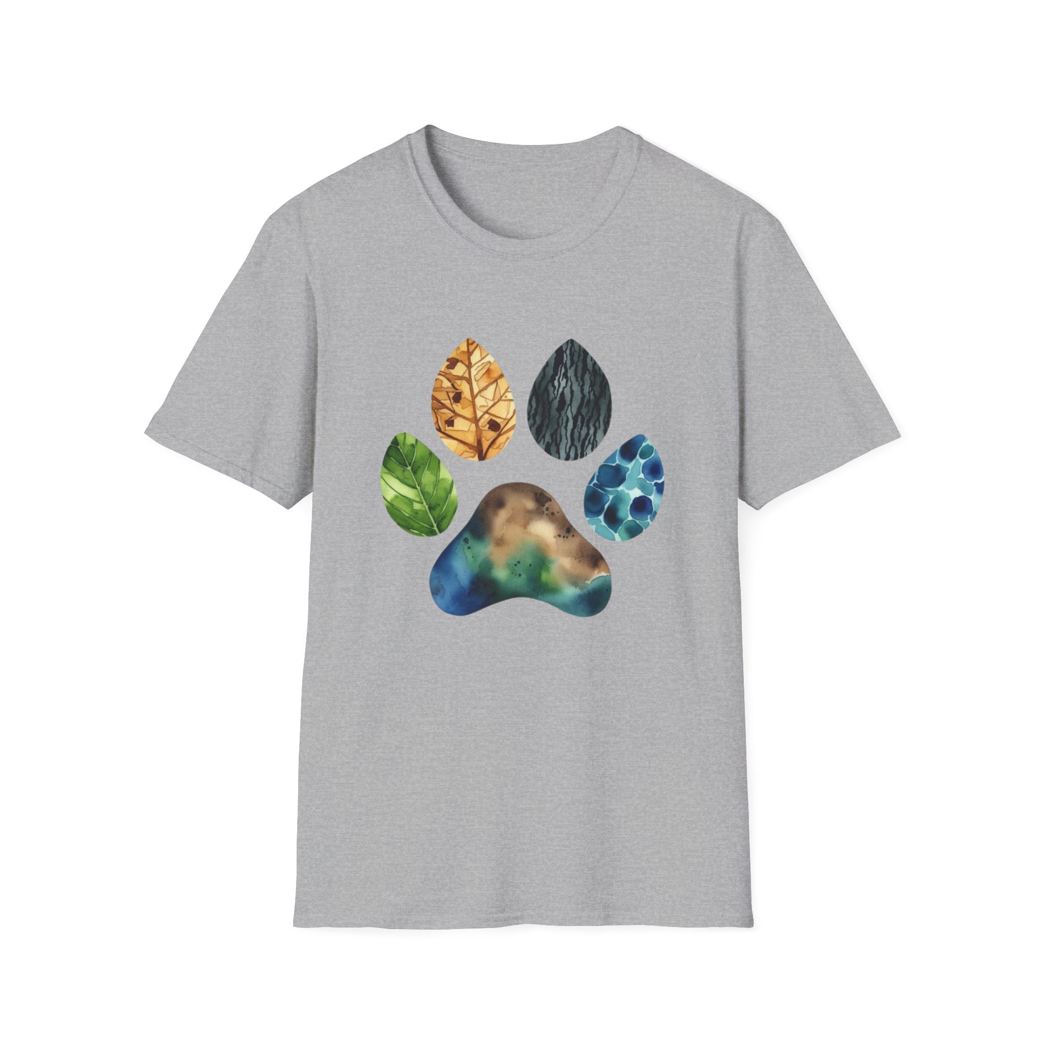 Nature Paw Print T-Shirt — Colorful Leaf & Stone Paw Design