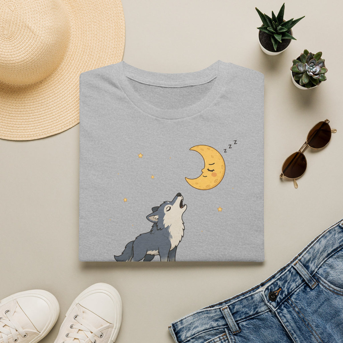 T-shirt Loup hurlant à la lune — Adorable illustration du ciel nocturne