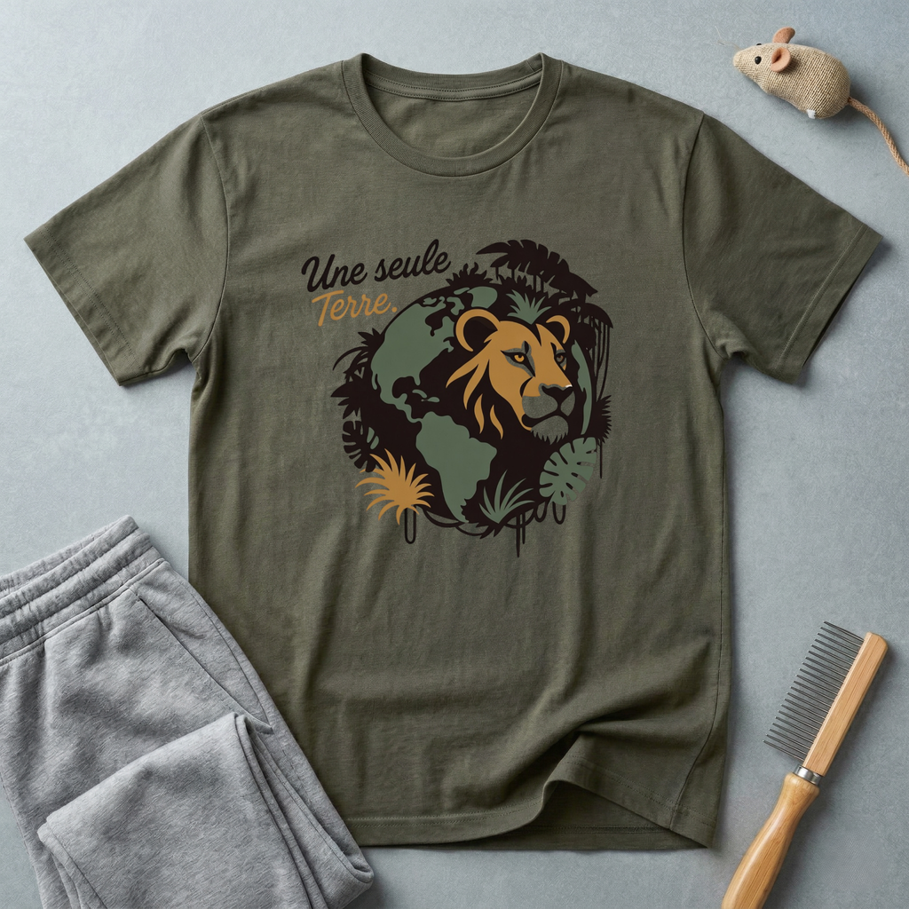 T-shirt graphique lion — «Une seule Terre» — T-shirt safari écoresponsable