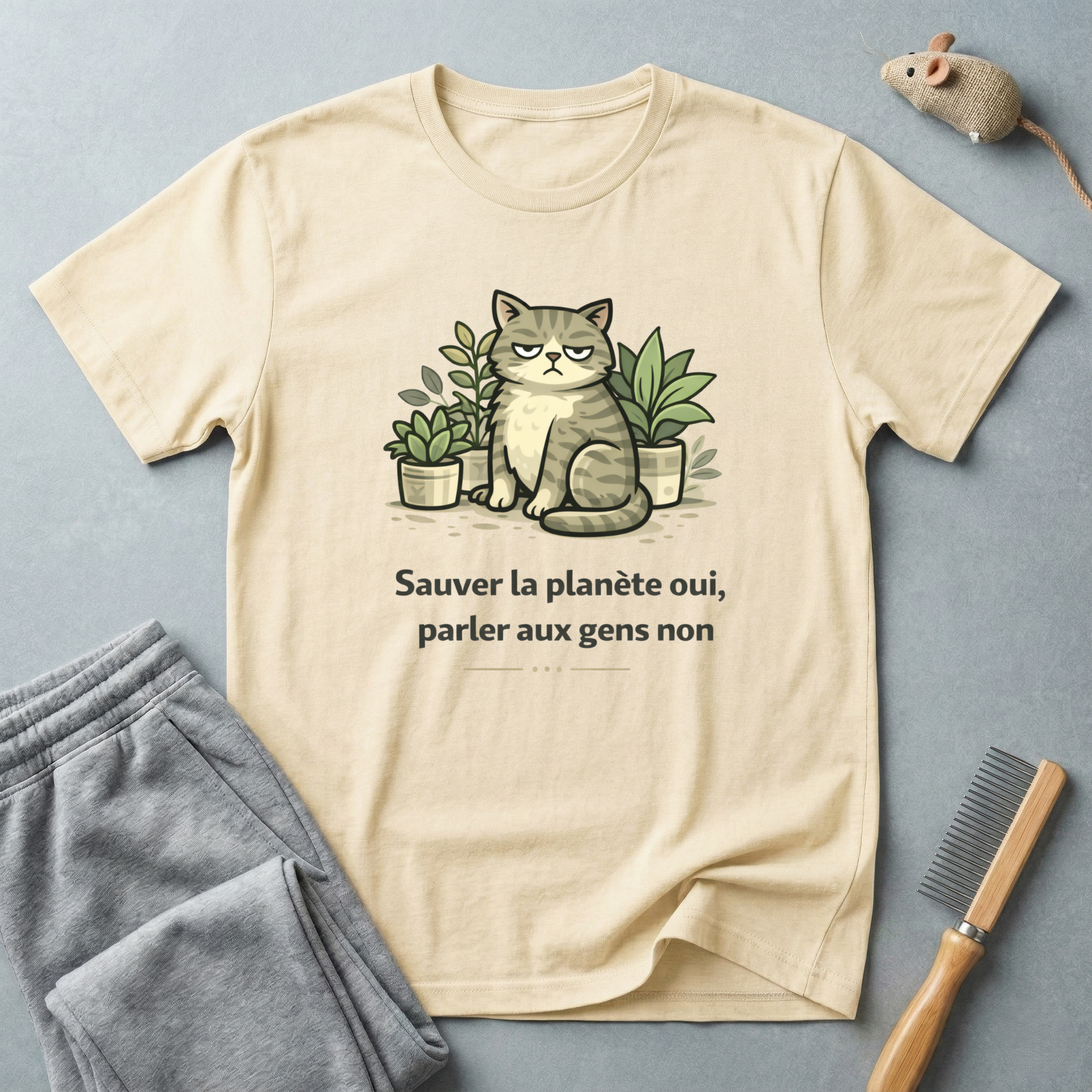 T-shirt chat & plantes — «Sauver la planète oui, parler aux gens non»