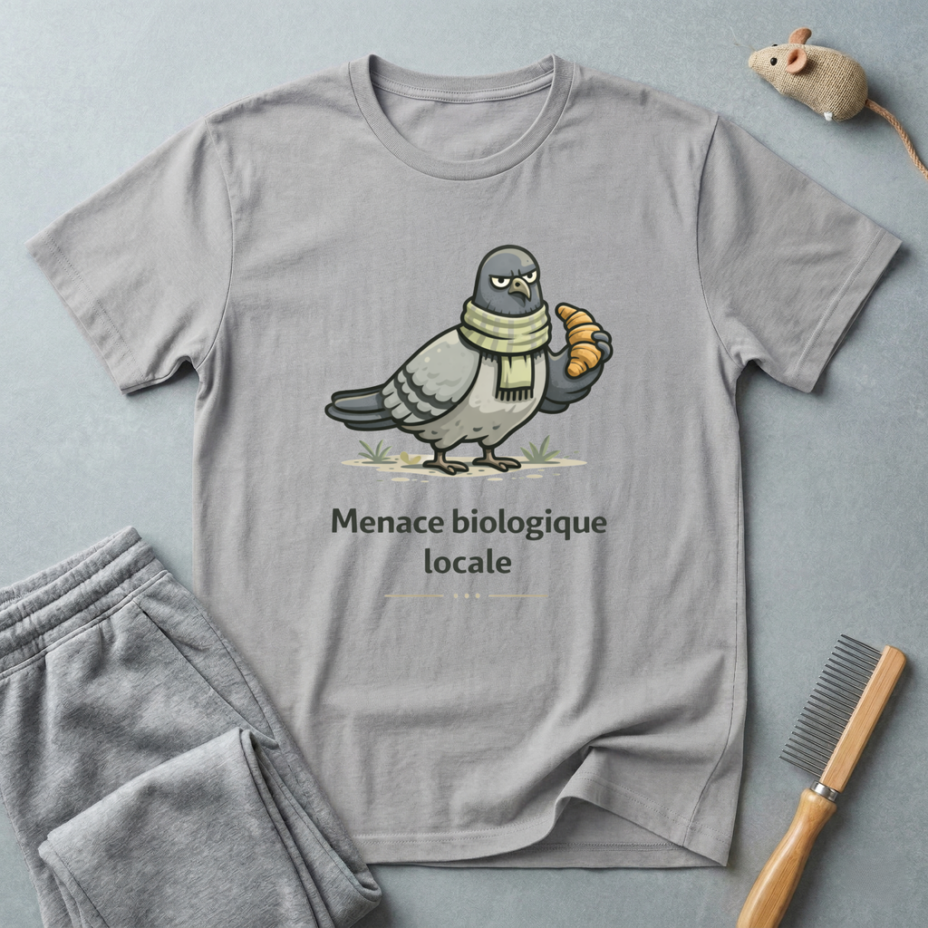 T-Shirt — "Menace biologique locale" Pigeon avec une écharpe et un croissant