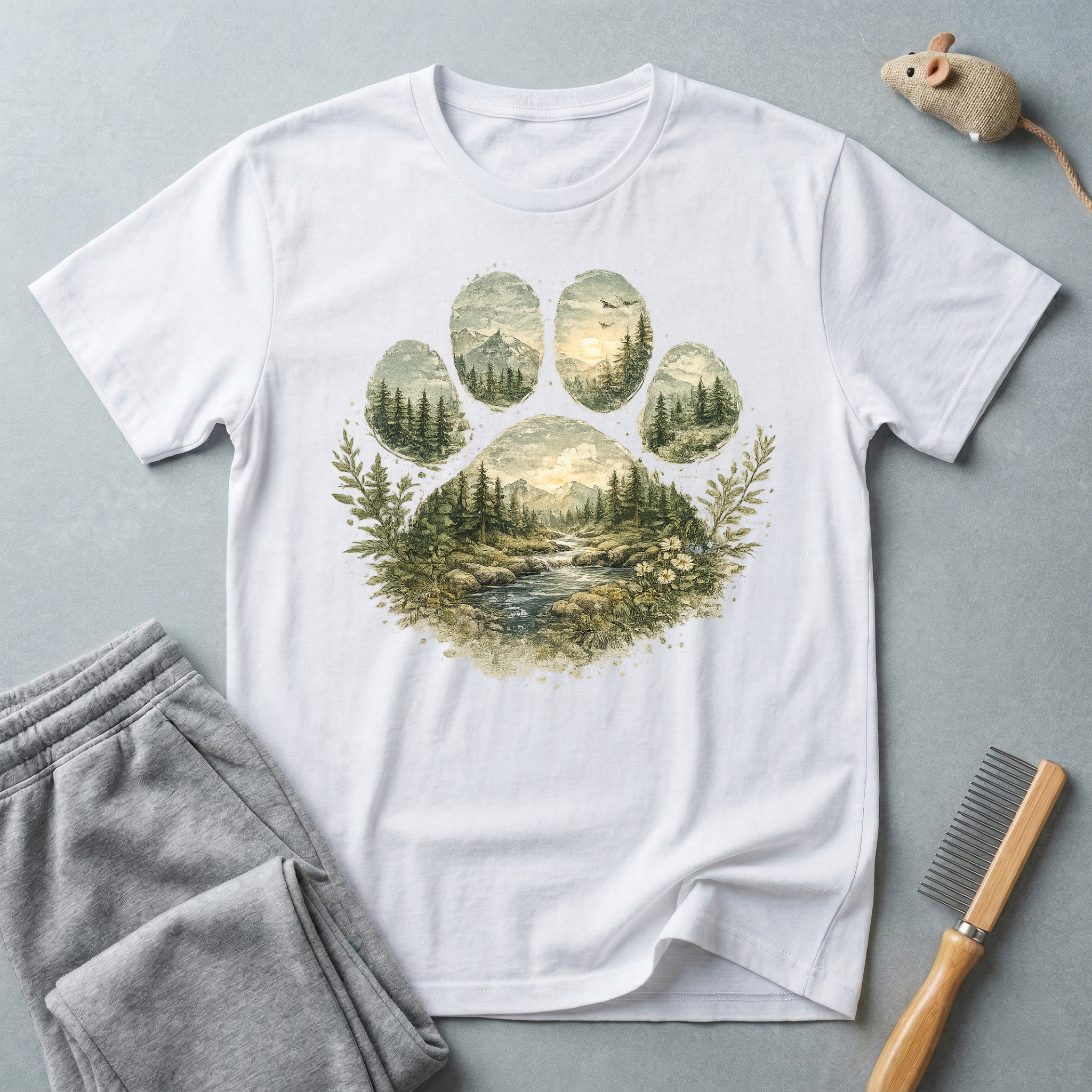 T-shirt paysage «Patte sauvage» — T-shirt nature avec empreinte de patte en forêt de montagne